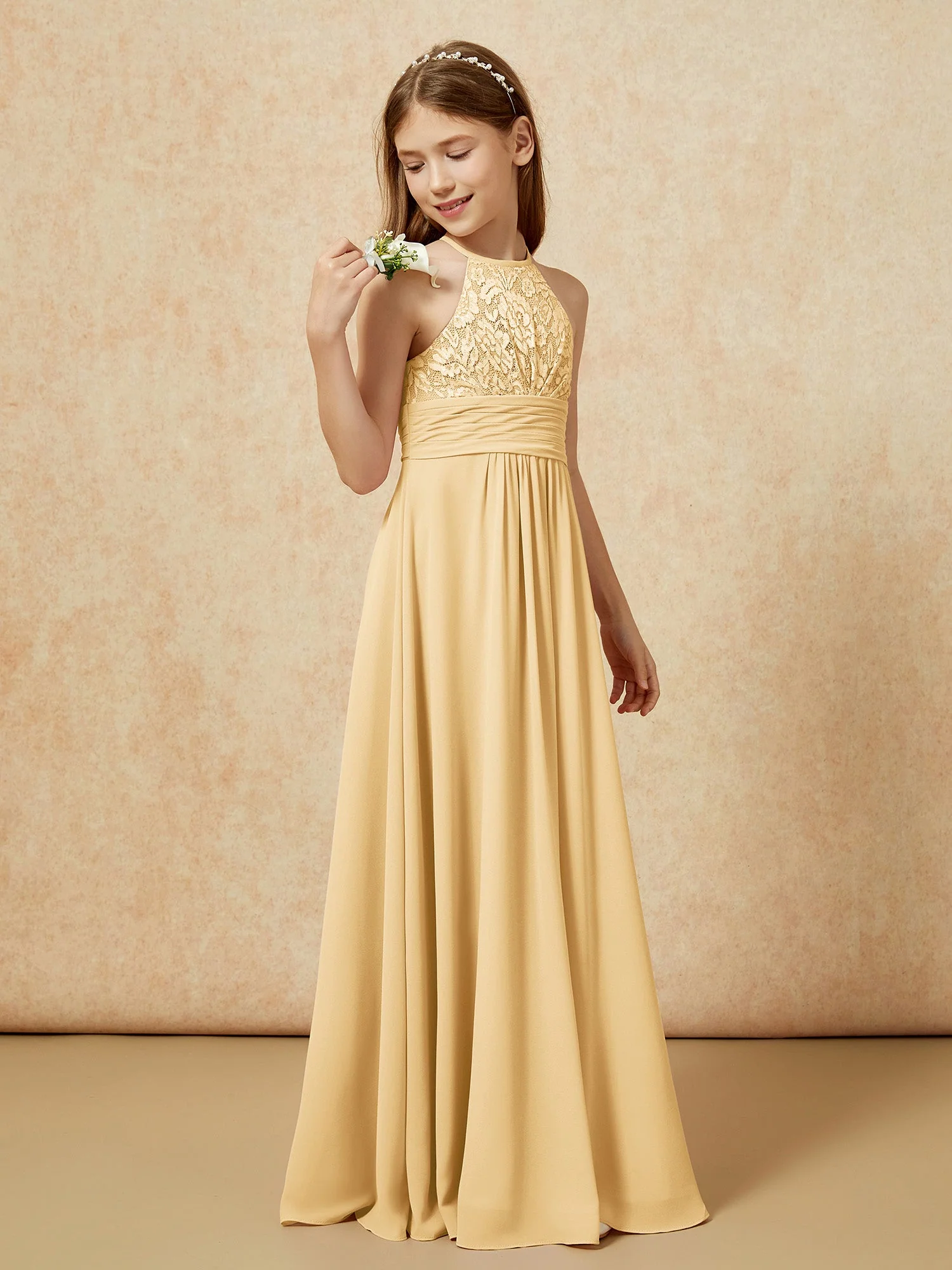 Halshalter Spitzen Oberteil Chiffon Junge Brautjungfernkleider Gold - Image 3