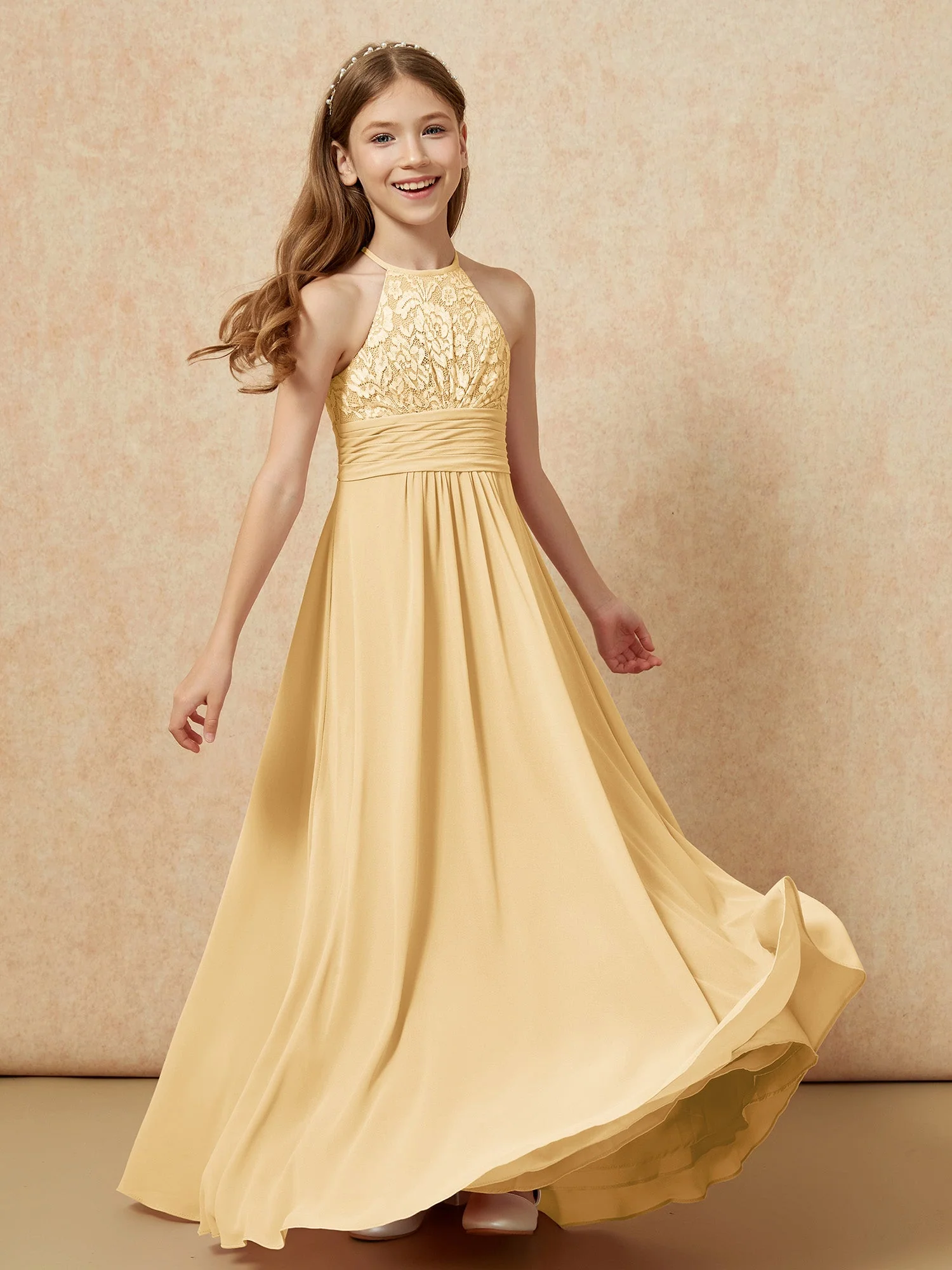 Halshalter Spitzen Oberteil Chiffon Junge Brautjungfernkleider Gold - Image 4