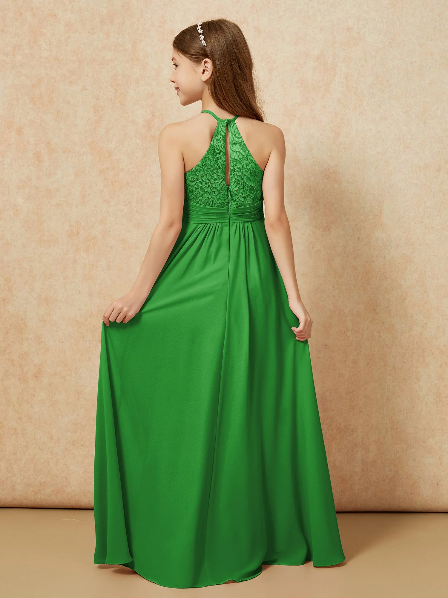 Halshalter Spitzen Oberteil Chiffon Junge Brautjungfernkleider Grün - Image 2