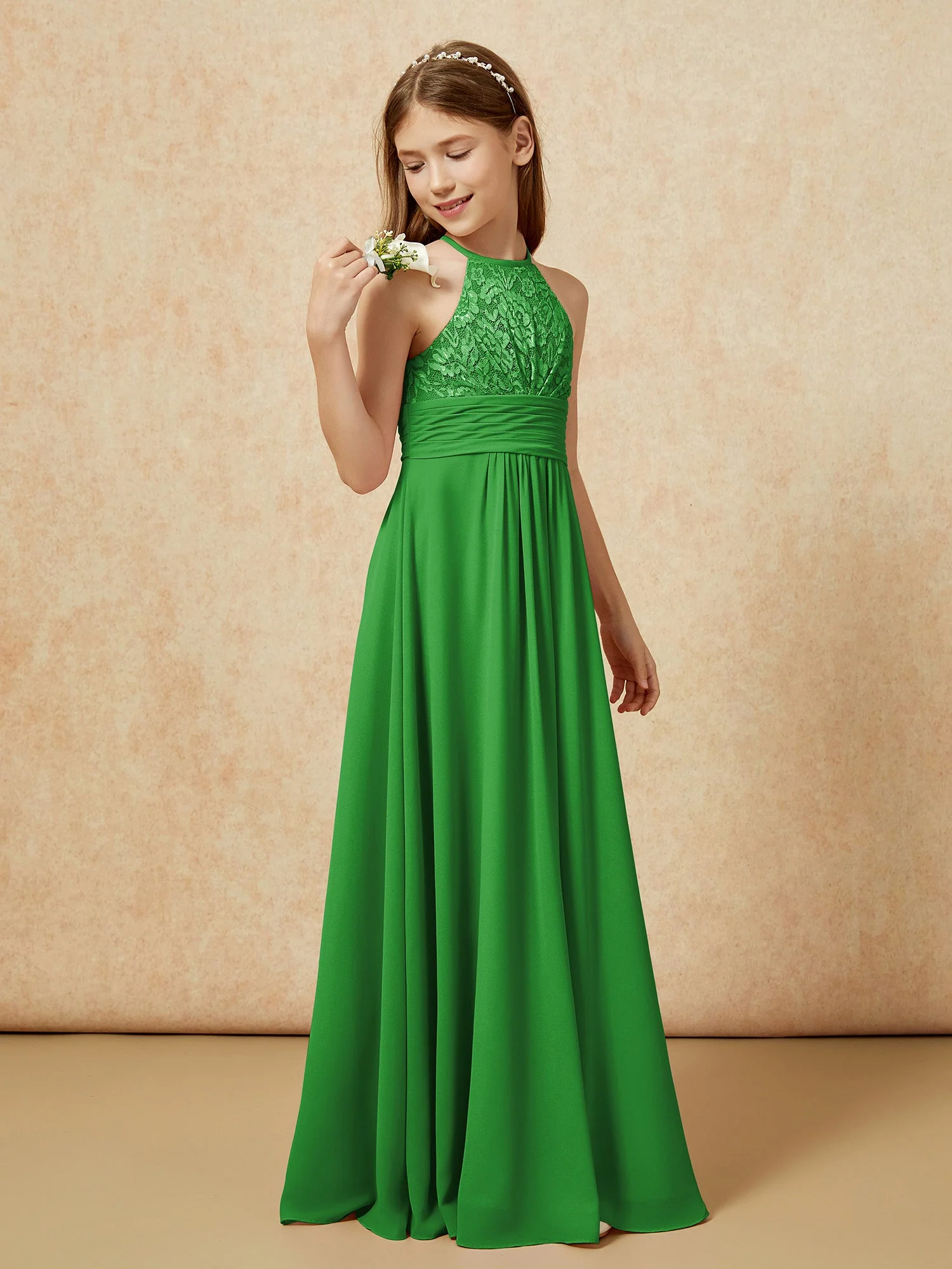 Halshalter Spitzen Oberteil Chiffon Junge Brautjungfernkleider Grün - Image 3