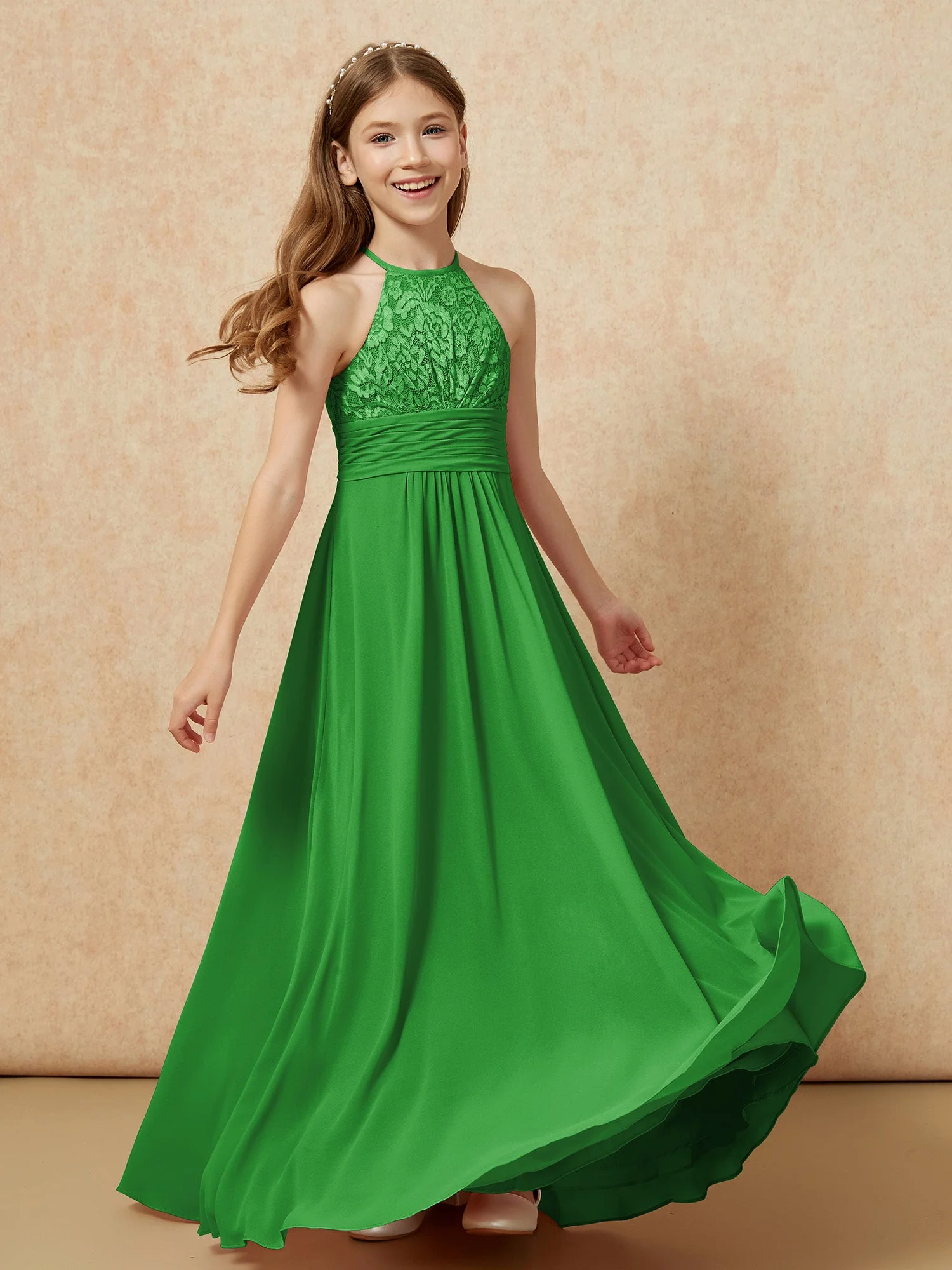 Halshalter Spitzen Oberteil Chiffon Junge Brautjungfernkleider Grün - Image 4