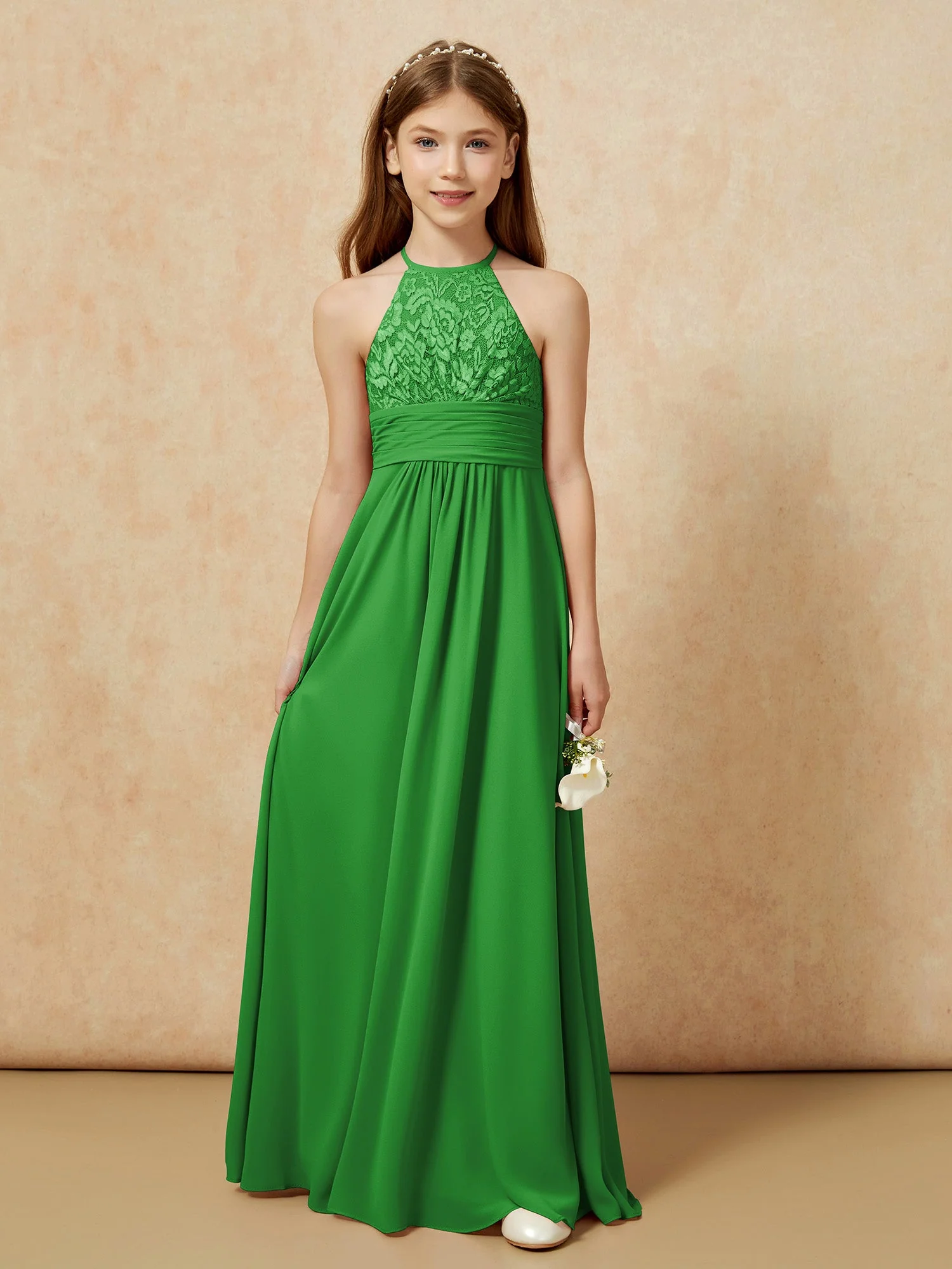Halshalter Spitzen Oberteil Chiffon Junge Brautjungfernkleider Grün - Image 7