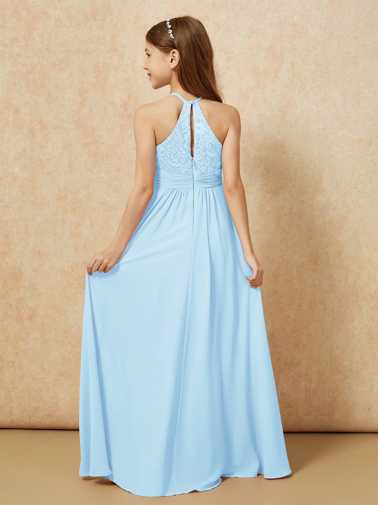 Halshalter Spitzen Oberteil Chiffon Junge Brautjungfernkleider Himmelblau - Image 2