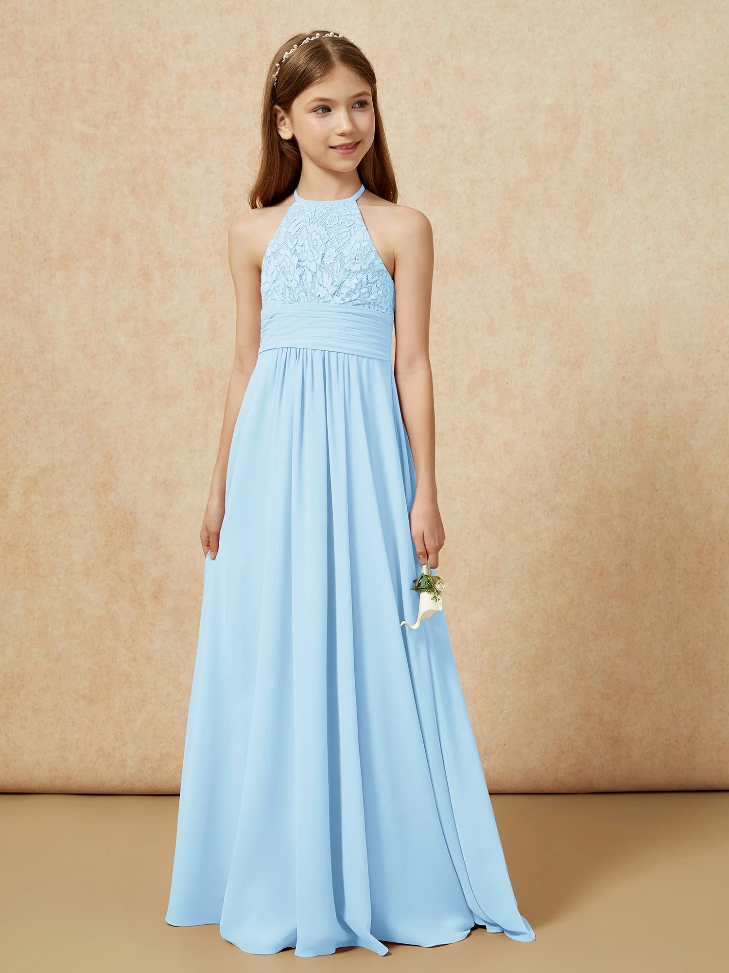 Halshalter Spitzen Oberteil Chiffon Junge Brautjungfernkleider Himmelblau - Image 5