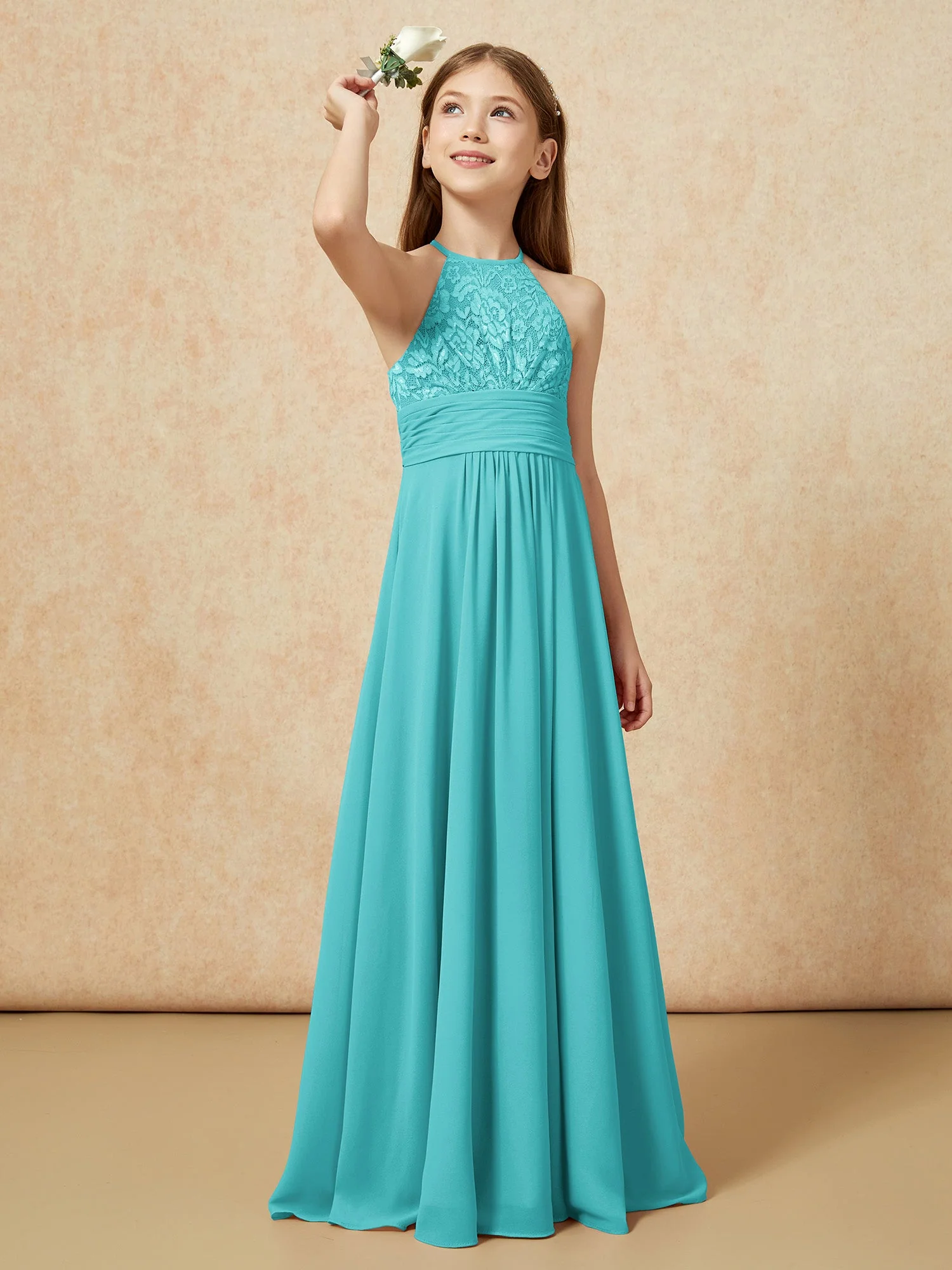 Halshalter Spitzen Oberteil Chiffon Junge Brautjungfernkleider Jade