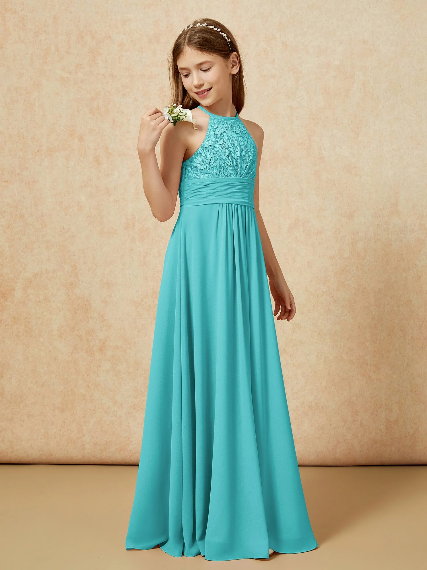 Halshalter Spitzen Oberteil Chiffon Junge Brautjungfernkleider Jade - Image 3