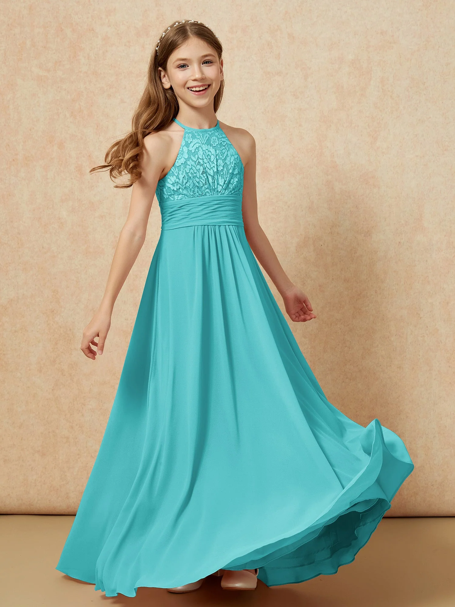 Halshalter Spitzen Oberteil Chiffon Junge Brautjungfernkleider Jade - Image 4