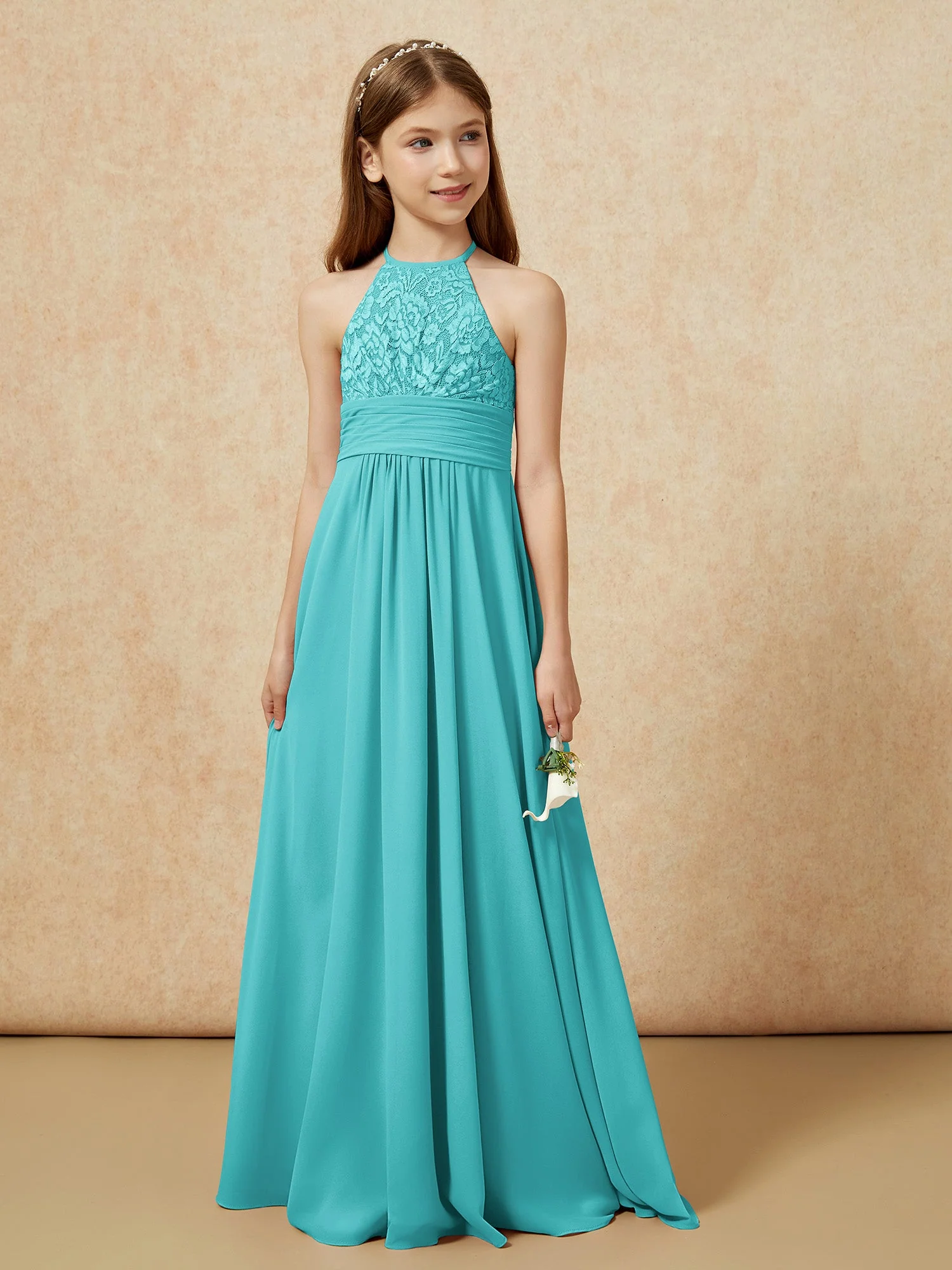 Halshalter Spitzen Oberteil Chiffon Junge Brautjungfernkleider Jade - Image 5