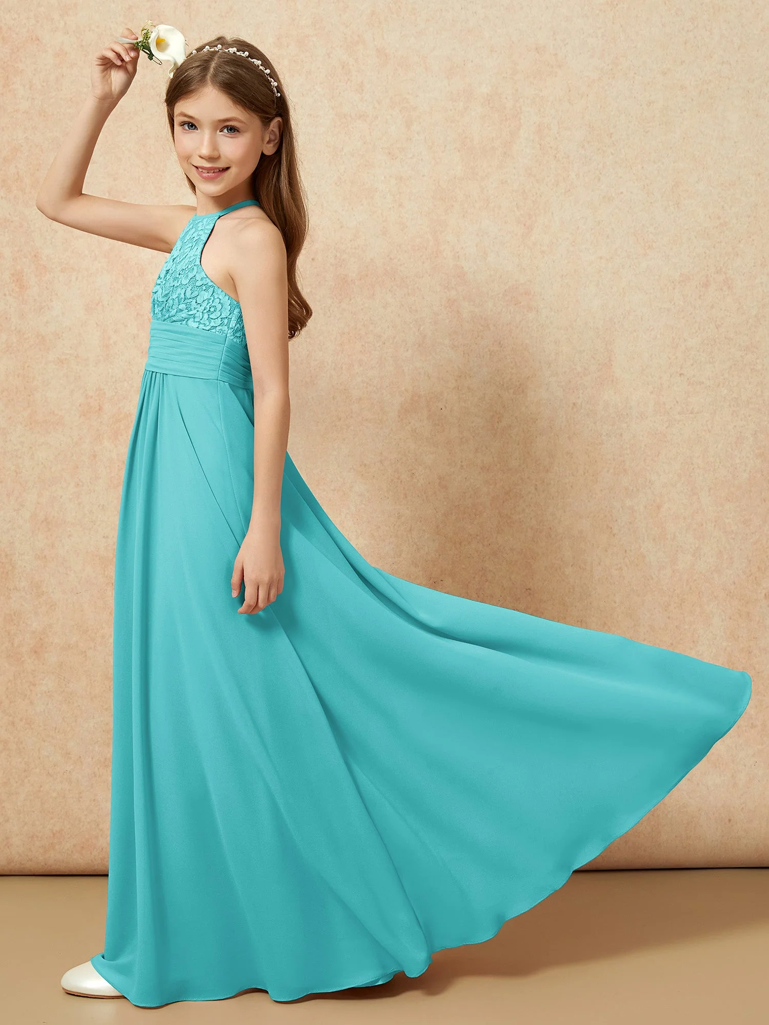 Halshalter Spitzen Oberteil Chiffon Junge Brautjungfernkleider Jade - Image 6