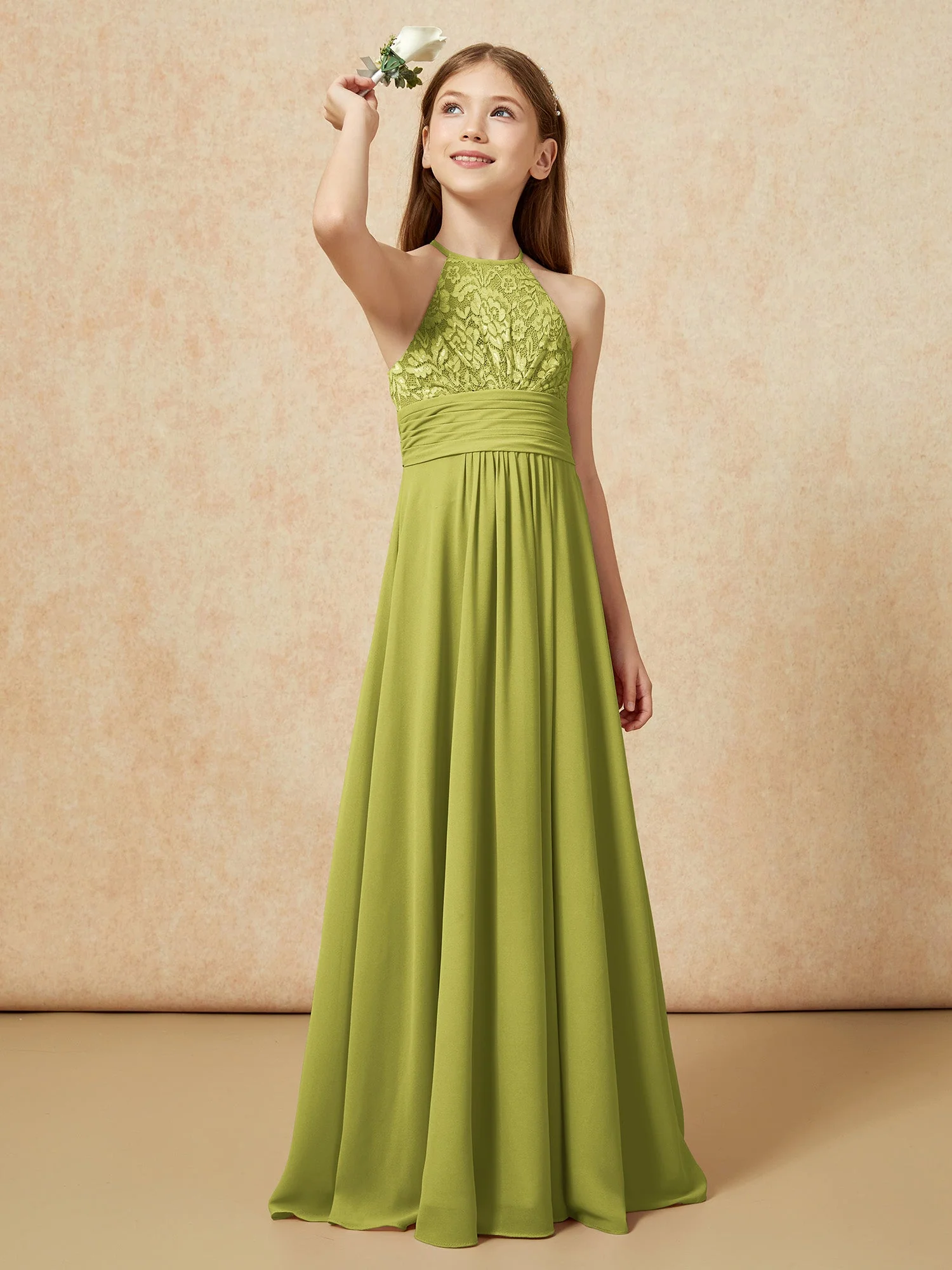Halshalter Spitzen Oberteil Chiffon Junge Brautjungfernkleider Kleegrün