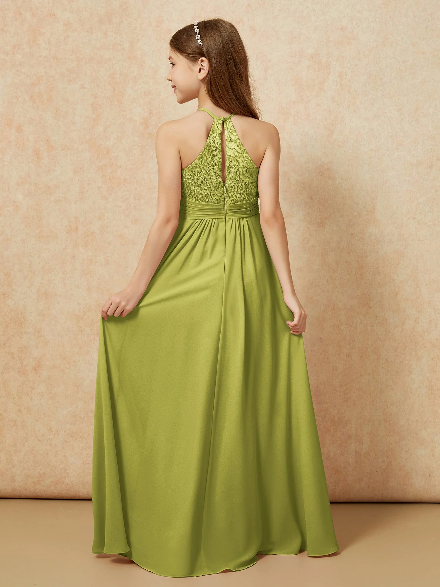 Halshalter Spitzen Oberteil Chiffon Junge Brautjungfernkleider Kleegrün - Image 2
