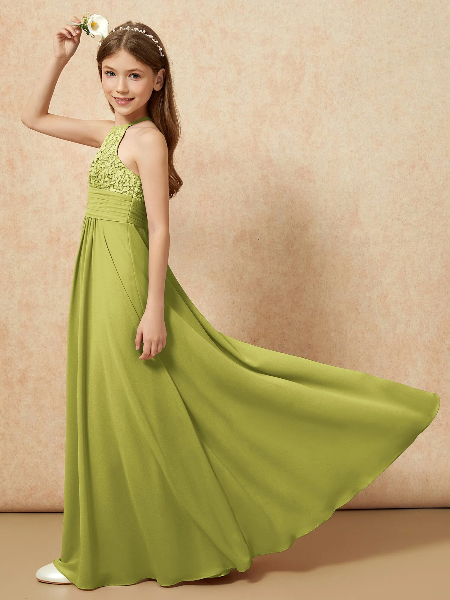 Halshalter Spitzen Oberteil Chiffon Junge Brautjungfernkleider Kleegrün - Image 6