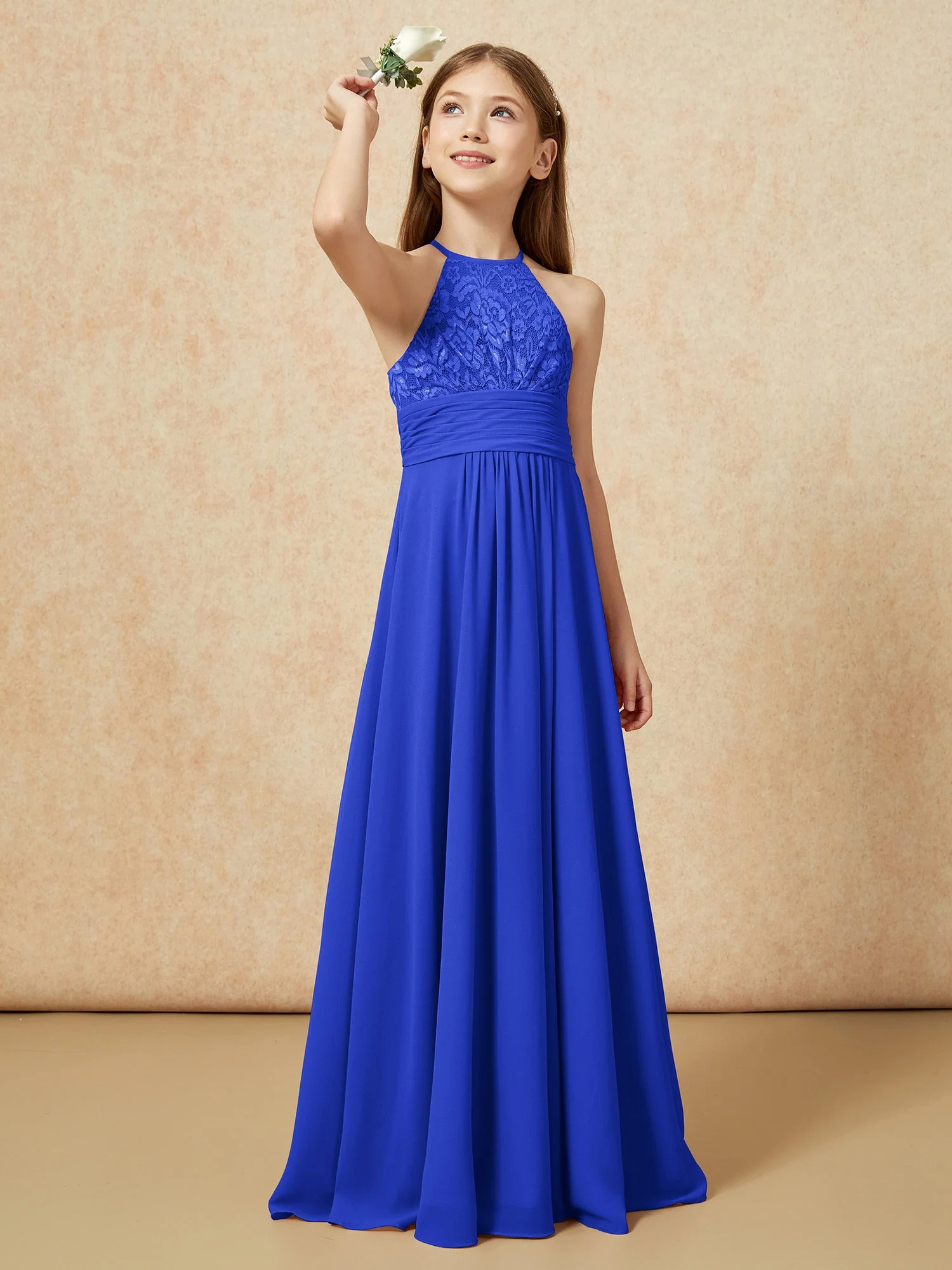 Halshalter Spitzen Oberteil Chiffon Junge Brautjungfernkleider Königsblau