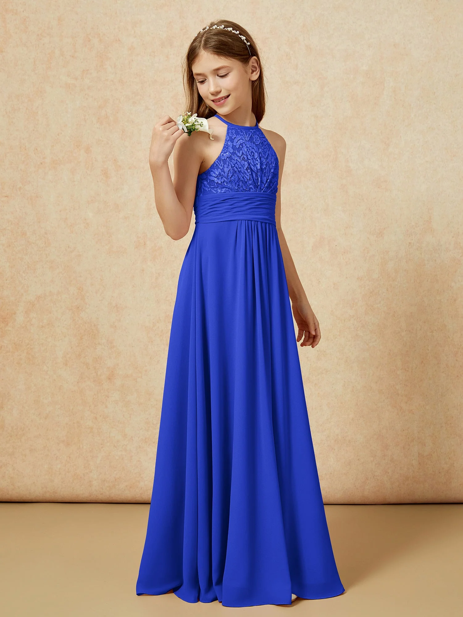 Halshalter Spitzen Oberteil Chiffon Junge Brautjungfernkleider Königsblau - Image 3