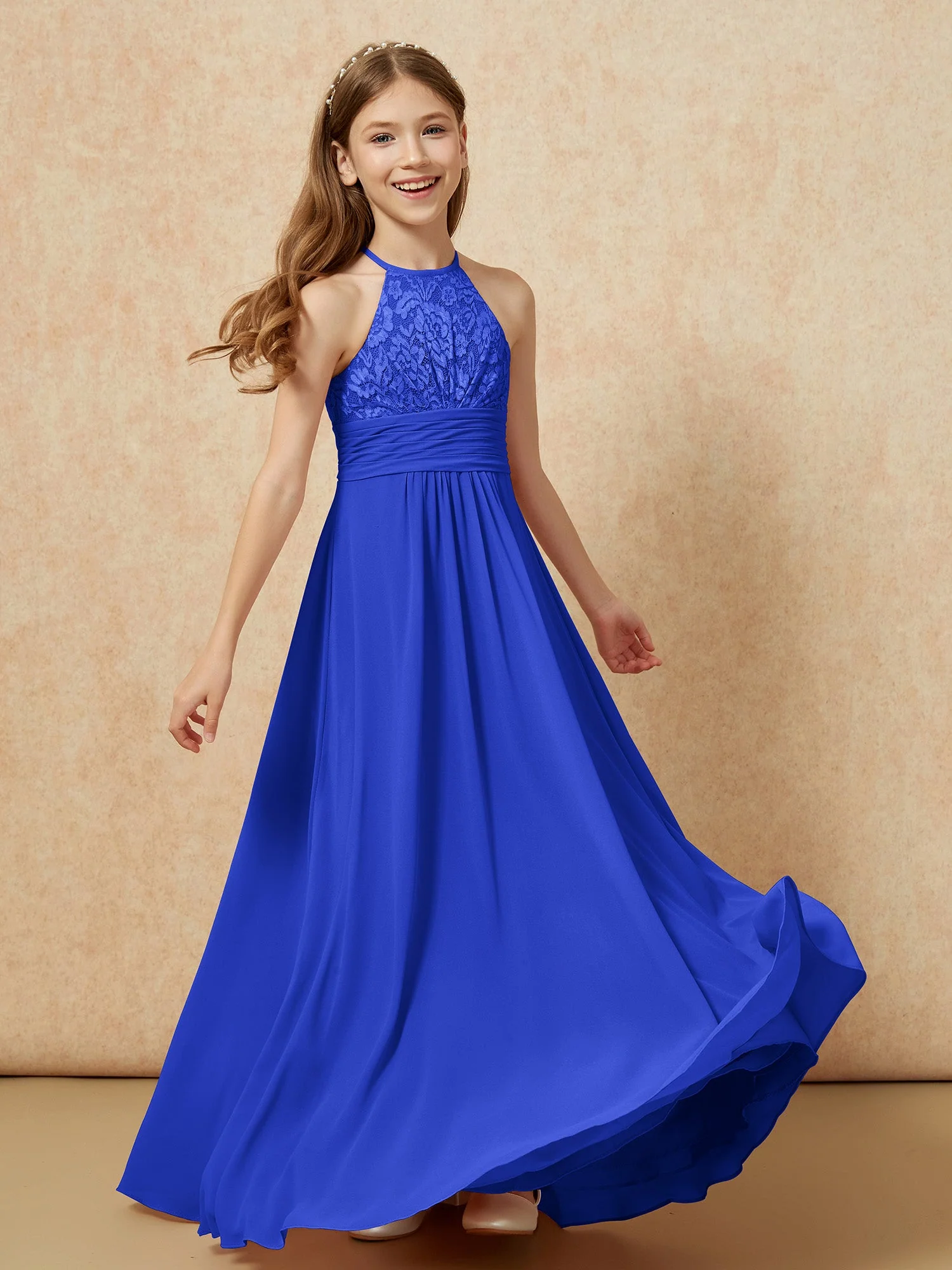 Halshalter Spitzen Oberteil Chiffon Junge Brautjungfernkleider Königsblau - Image 4