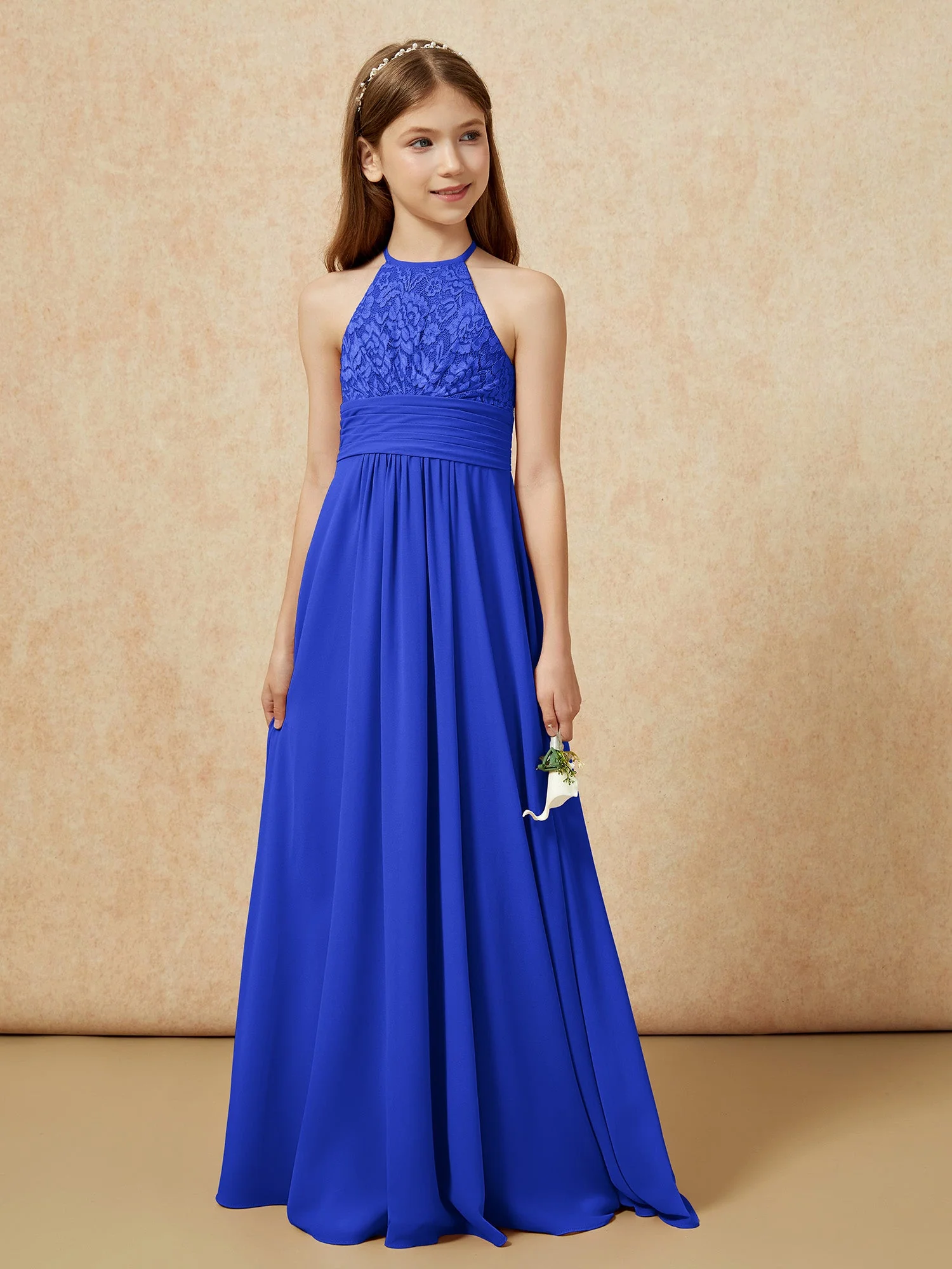 Halshalter Spitzen Oberteil Chiffon Junge Brautjungfernkleider Königsblau - Image 5