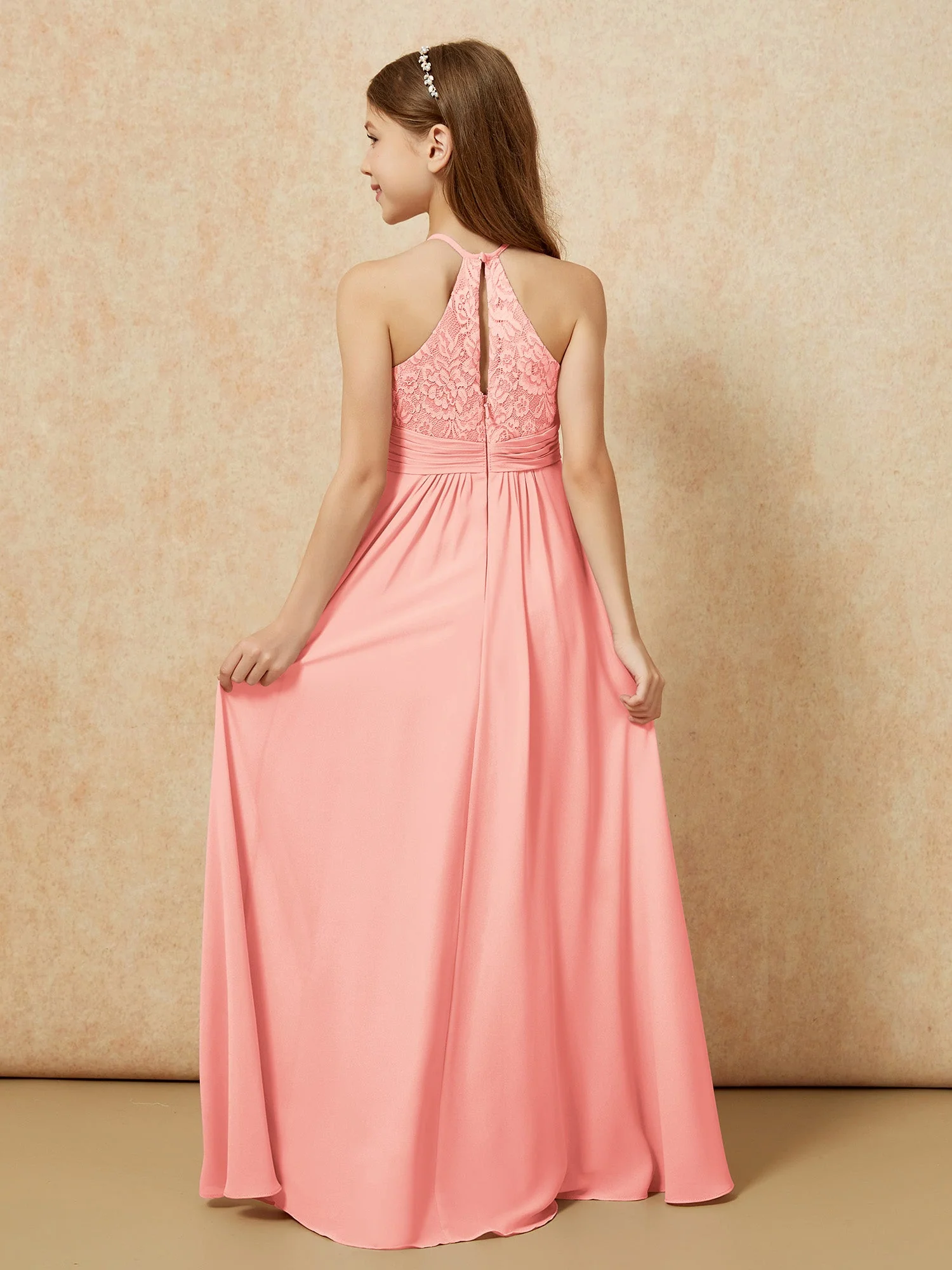 Halshalter Spitzen Oberteil Chiffon Junge Brautjungfernkleider Koralle - Image 2