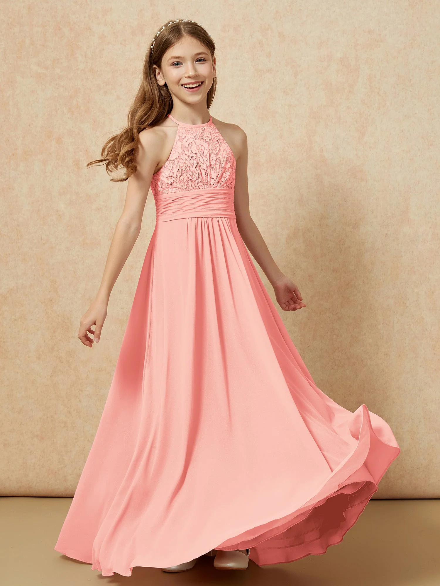 Halshalter Spitzen Oberteil Chiffon Junge Brautjungfernkleider Koralle - Image 4