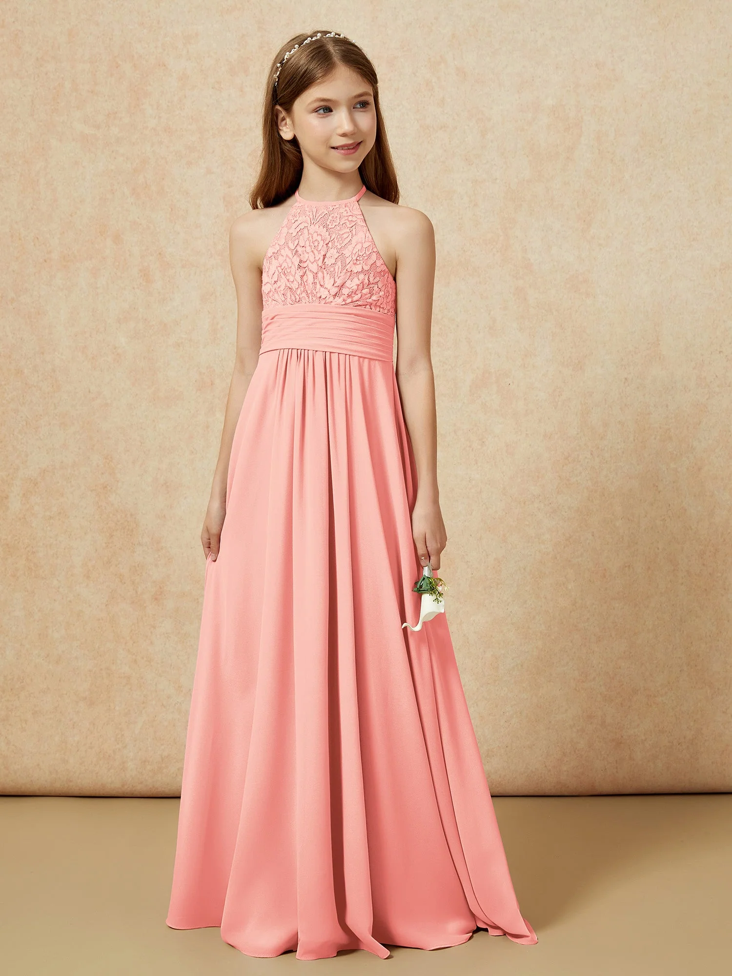 Halshalter Spitzen Oberteil Chiffon Junge Brautjungfernkleider Koralle - Image 5