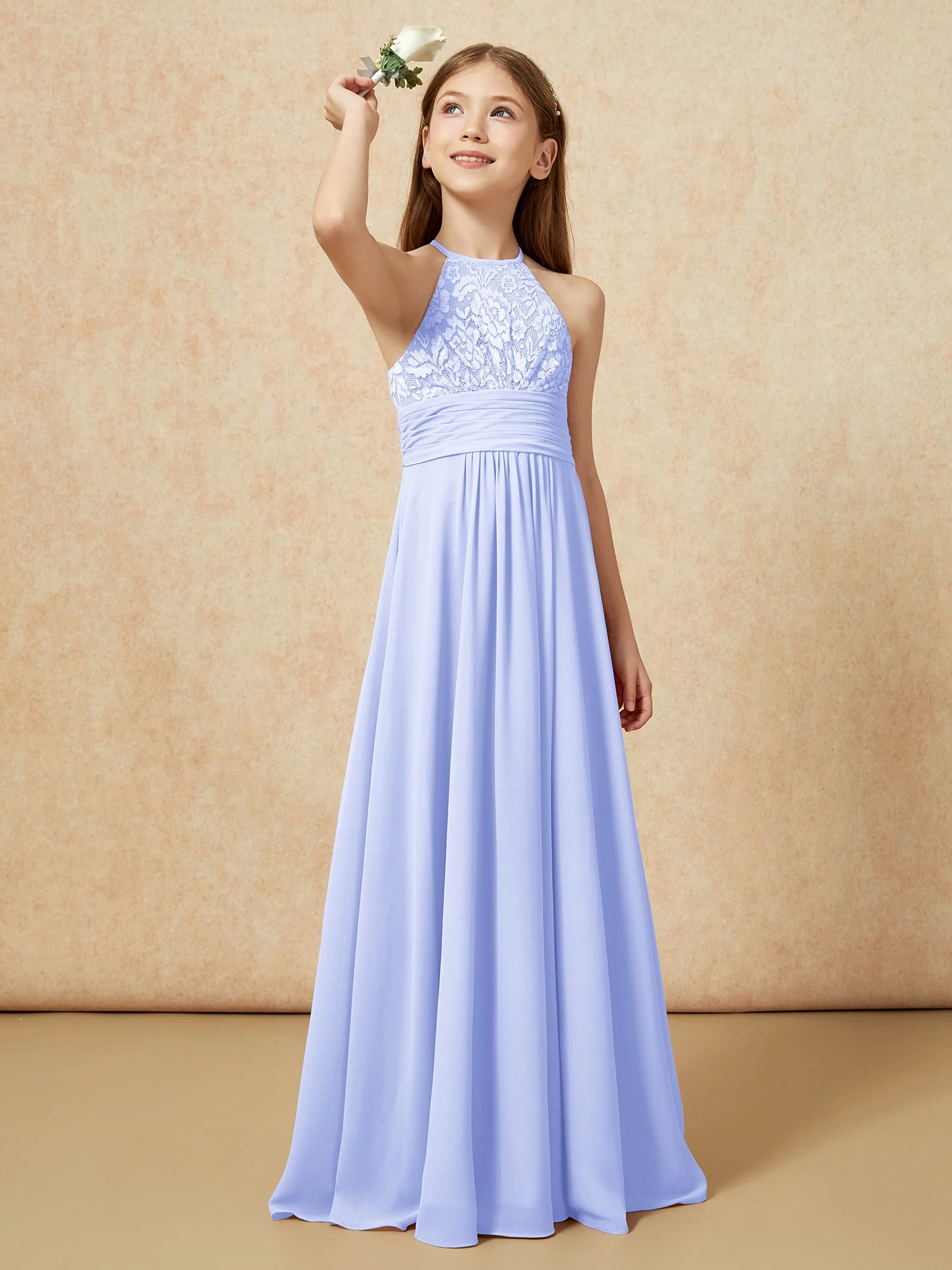 Halshalter Spitzen Oberteil Chiffon Junge Brautjungfernkleider Lavendel