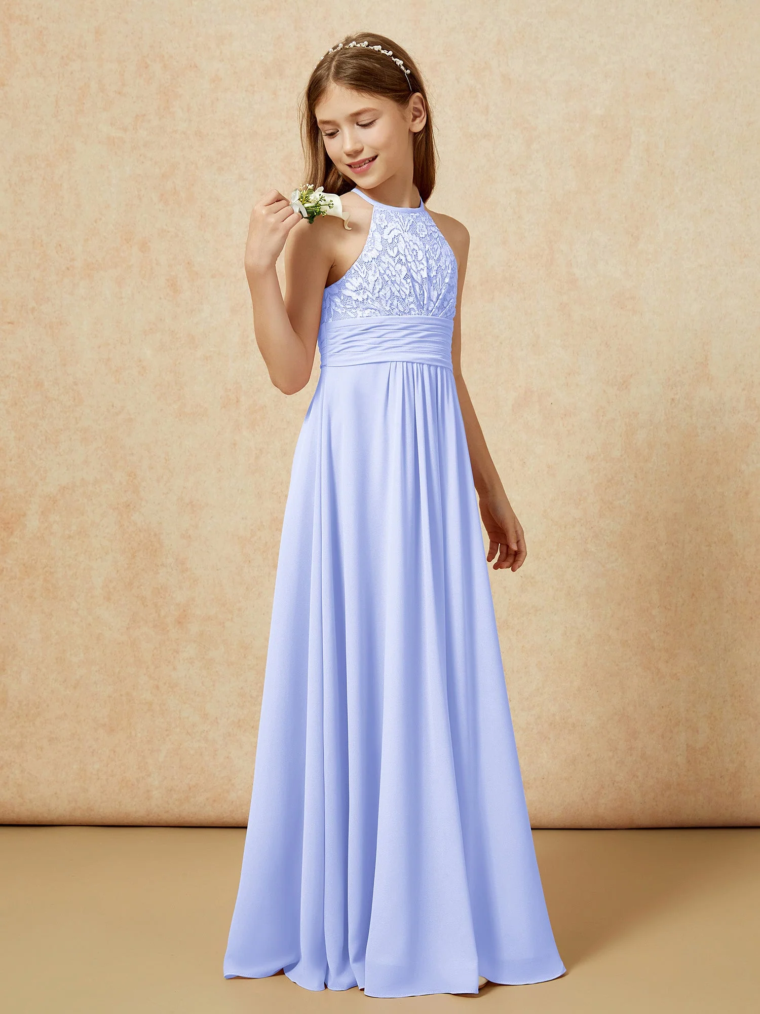 Halshalter Spitzen Oberteil Chiffon Junge Brautjungfernkleider Lavendel - Image 3