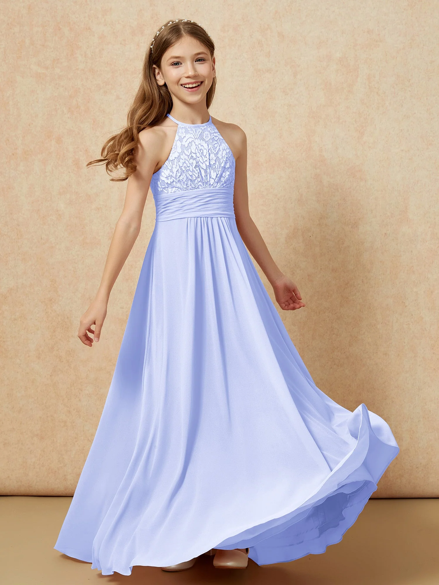 Halshalter Spitzen Oberteil Chiffon Junge Brautjungfernkleider Lavendel - Image 4