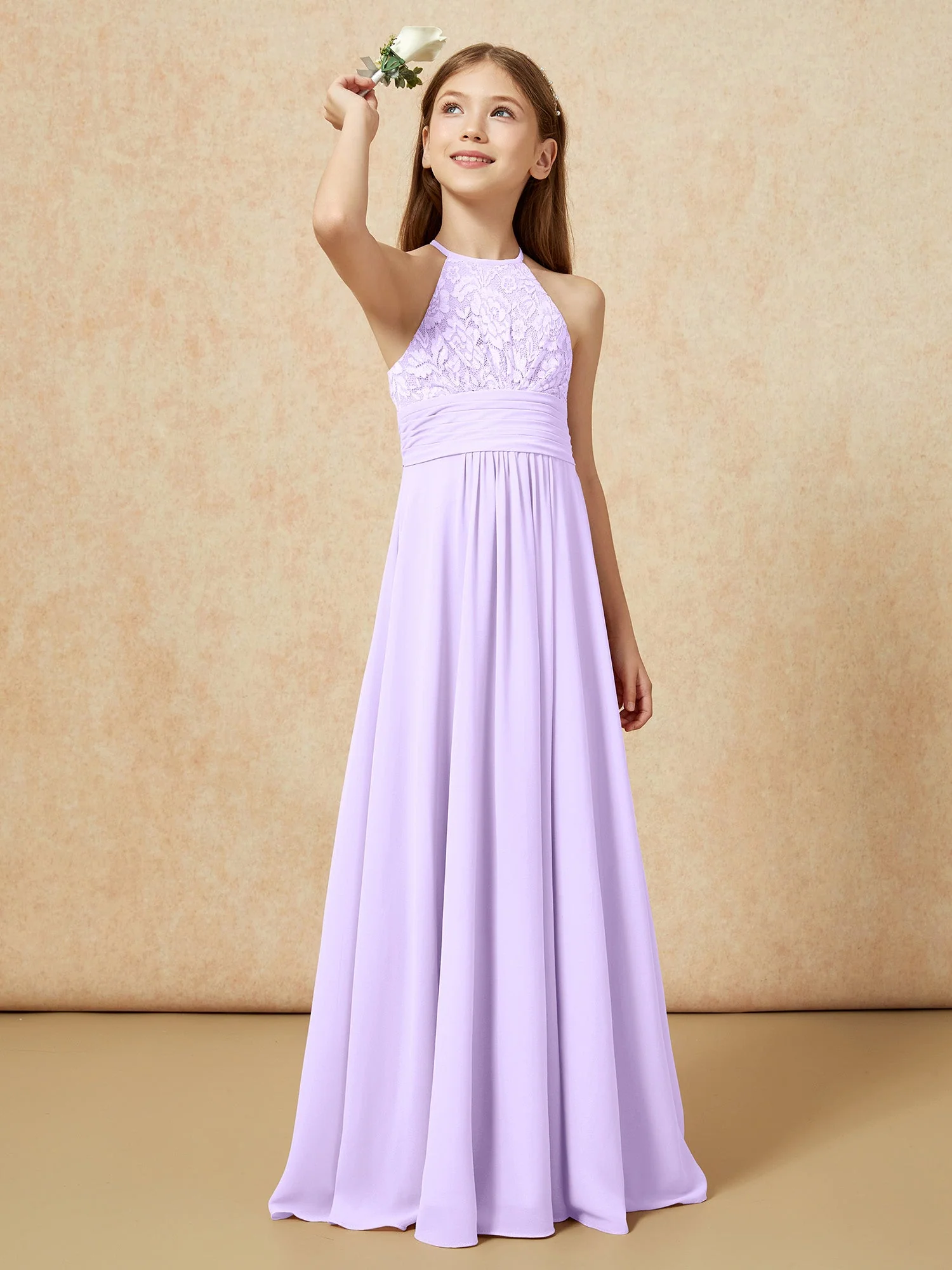 Halshalter Spitzen Oberteil Chiffon Junge Brautjungfernkleider Lila