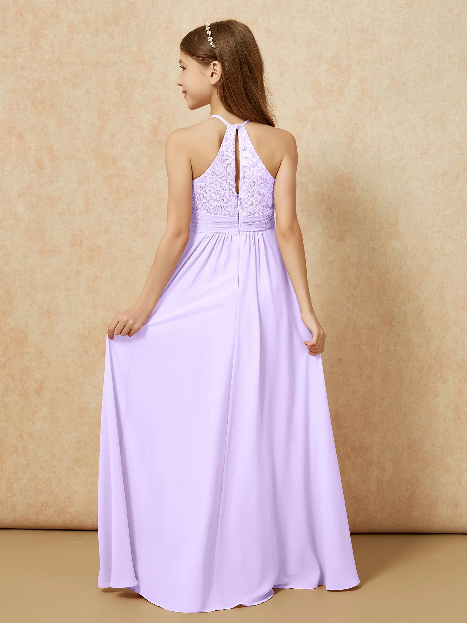 Halshalter Spitzen Oberteil Chiffon Junge Brautjungfernkleider Lila - Image 2