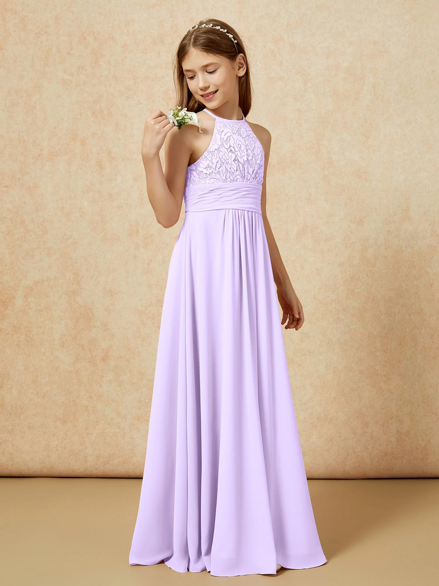 Halshalter Spitzen Oberteil Chiffon Junge Brautjungfernkleider Lila - Image 3
