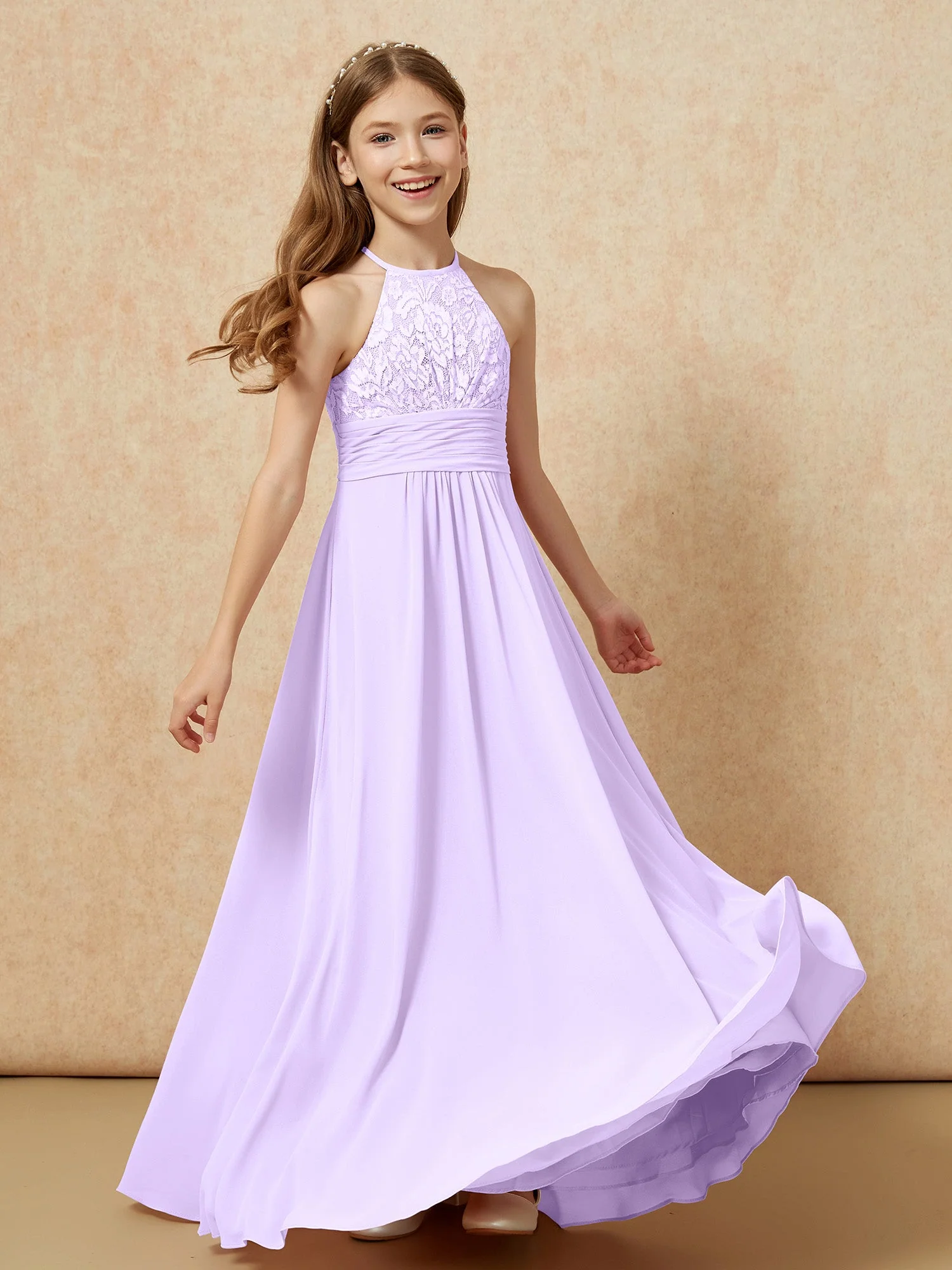 Halshalter Spitzen Oberteil Chiffon Junge Brautjungfernkleider Lila - Image 4