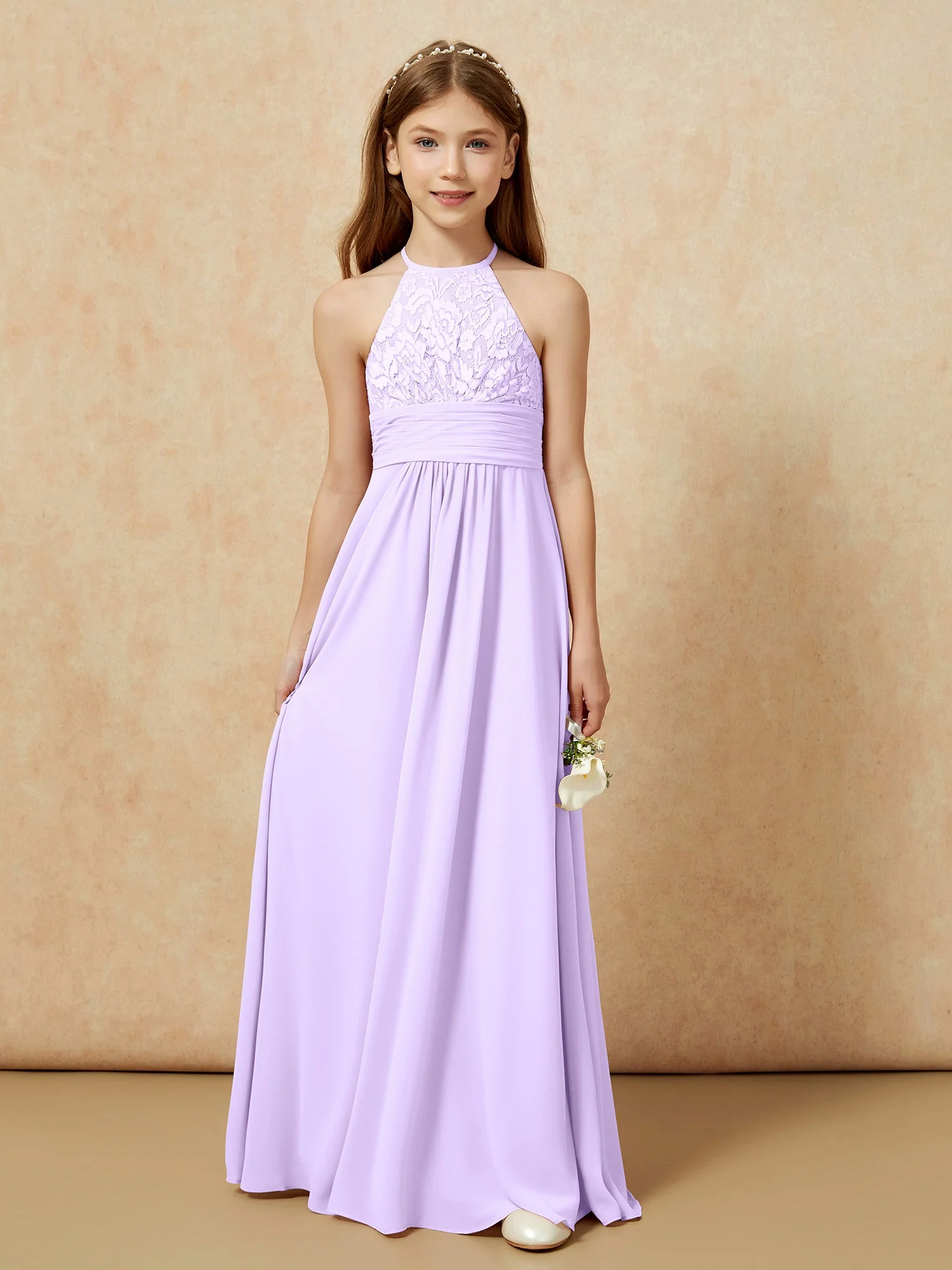 Halshalter Spitzen Oberteil Chiffon Junge Brautjungfernkleider Lila - Image 7