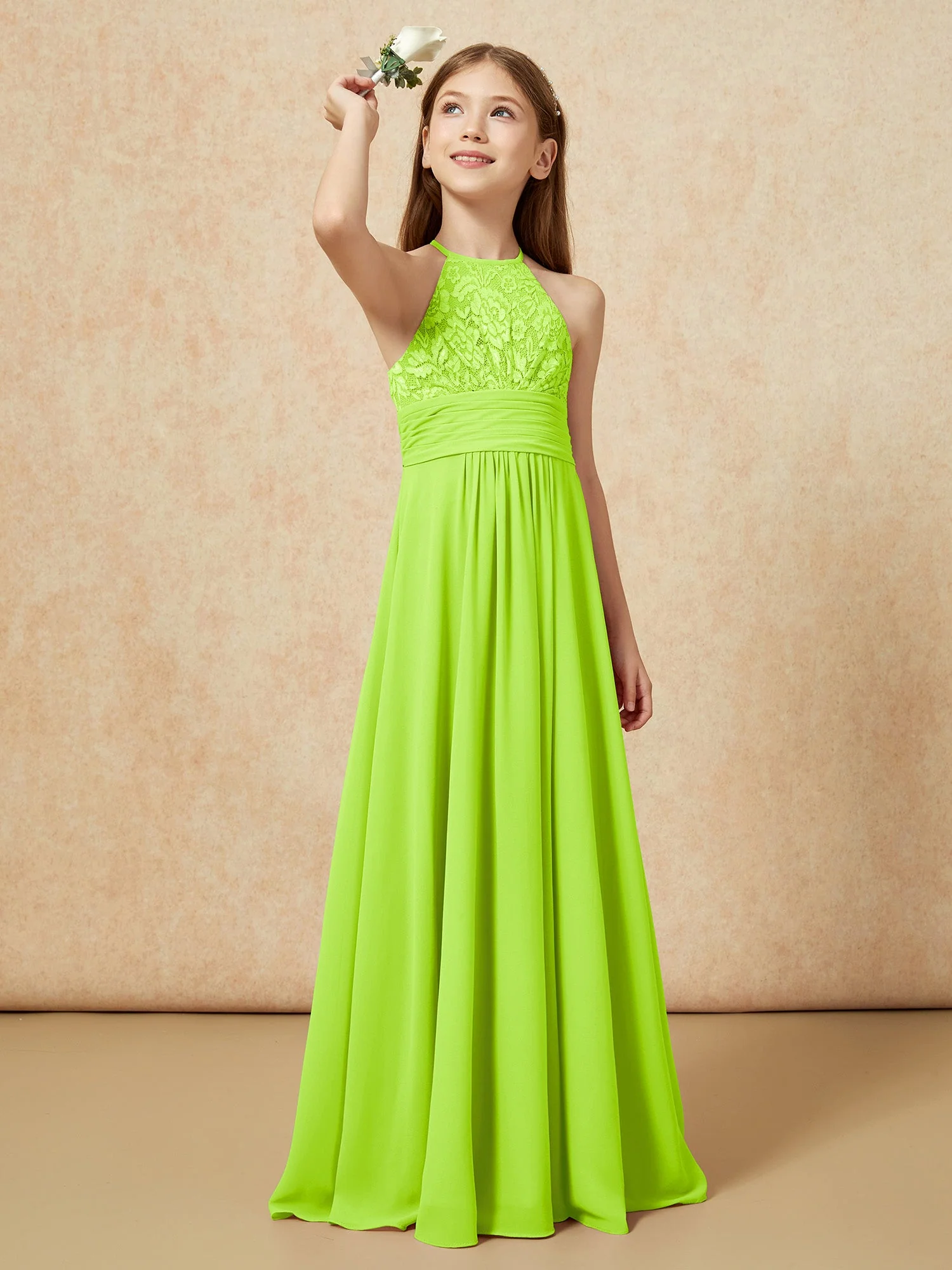 Halshalter Spitzen Oberteil Chiffon Junge Brautjungfernkleider Lindgrün