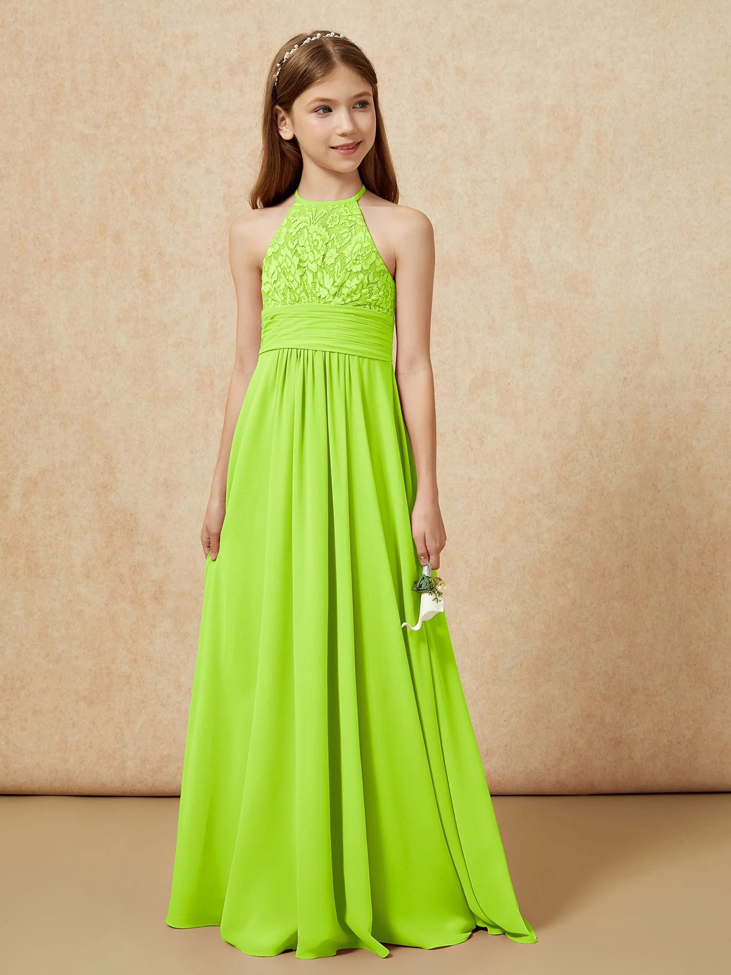 Halshalter Spitzen Oberteil Chiffon Junge Brautjungfernkleider Lindgrün - Image 5
