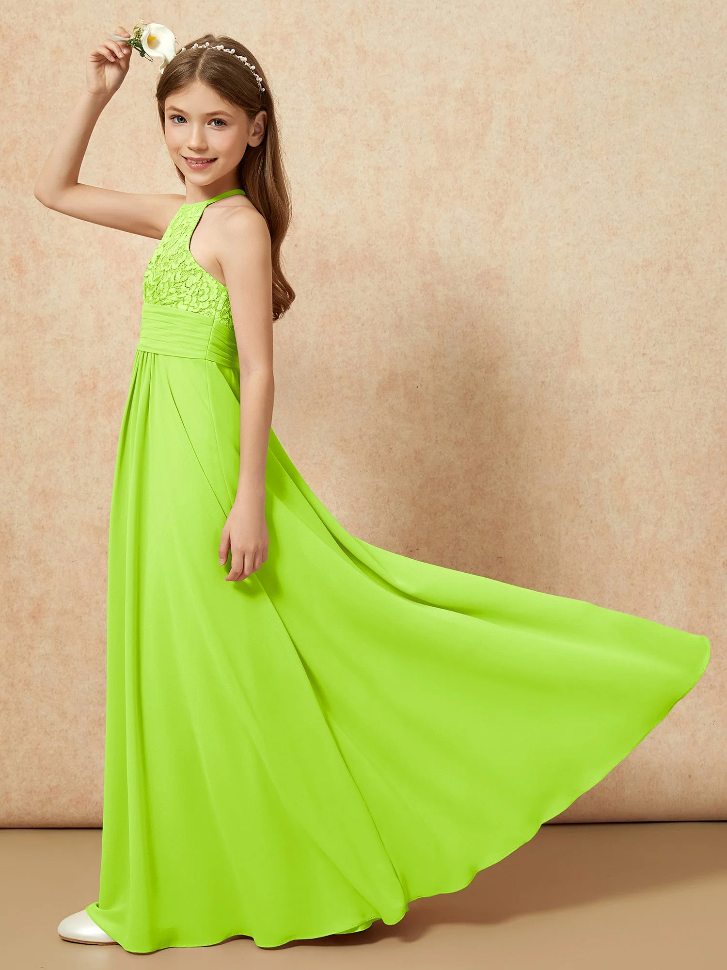 Halshalter Spitzen Oberteil Chiffon Junge Brautjungfernkleider Lindgrün - Image 6