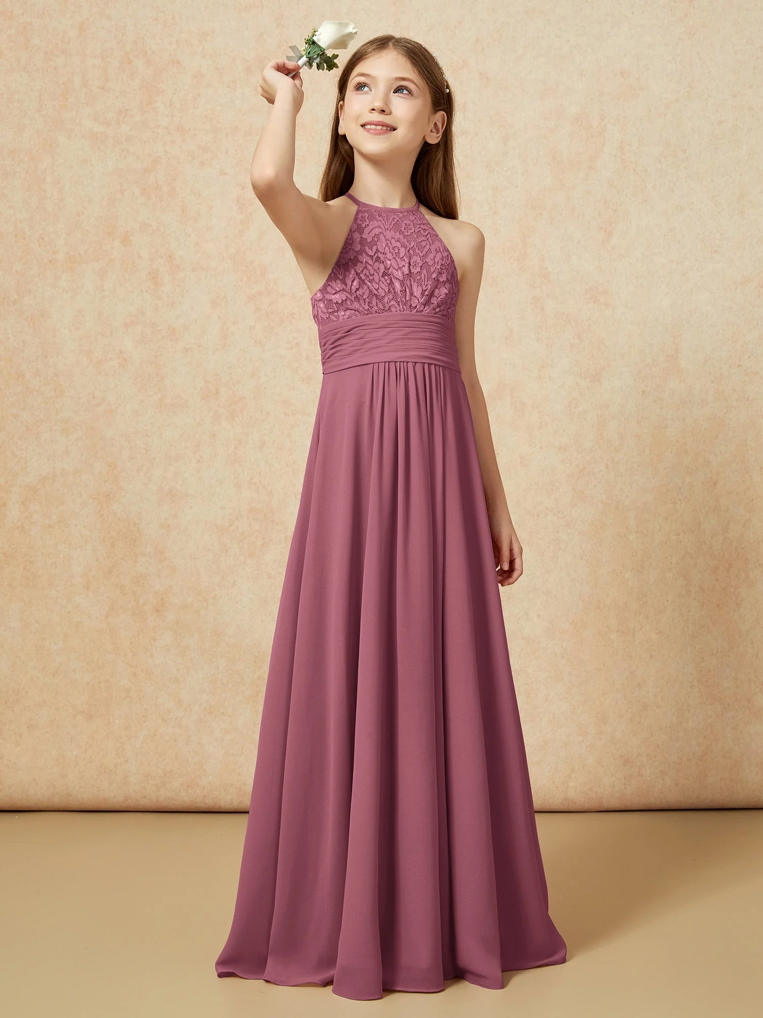 Halshalter Spitzen Oberteil Chiffon Junge Brautjungfernkleider Maulbeere