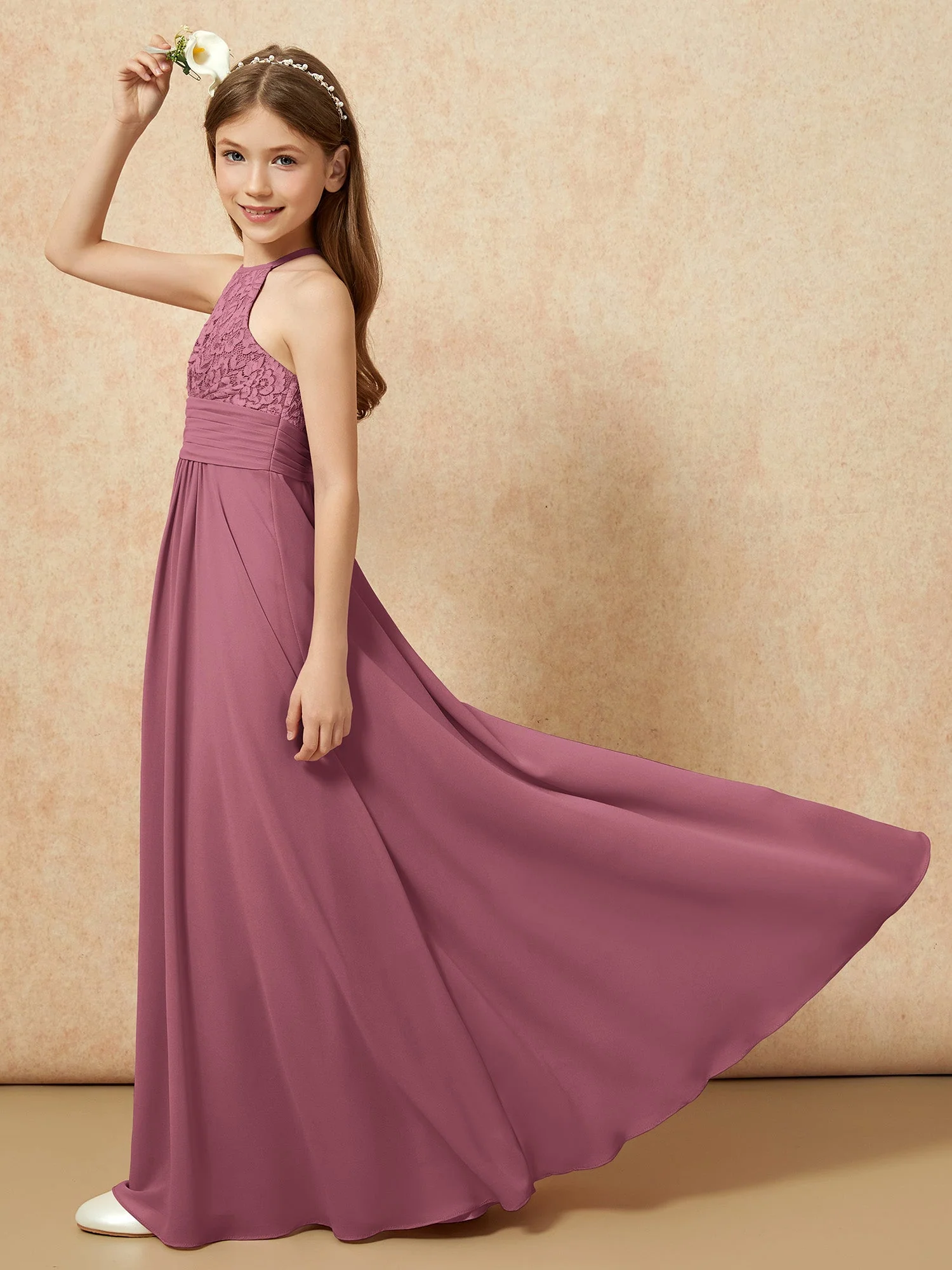 Halshalter Spitzen Oberteil Chiffon Junge Brautjungfernkleider Maulbeere - Image 6
