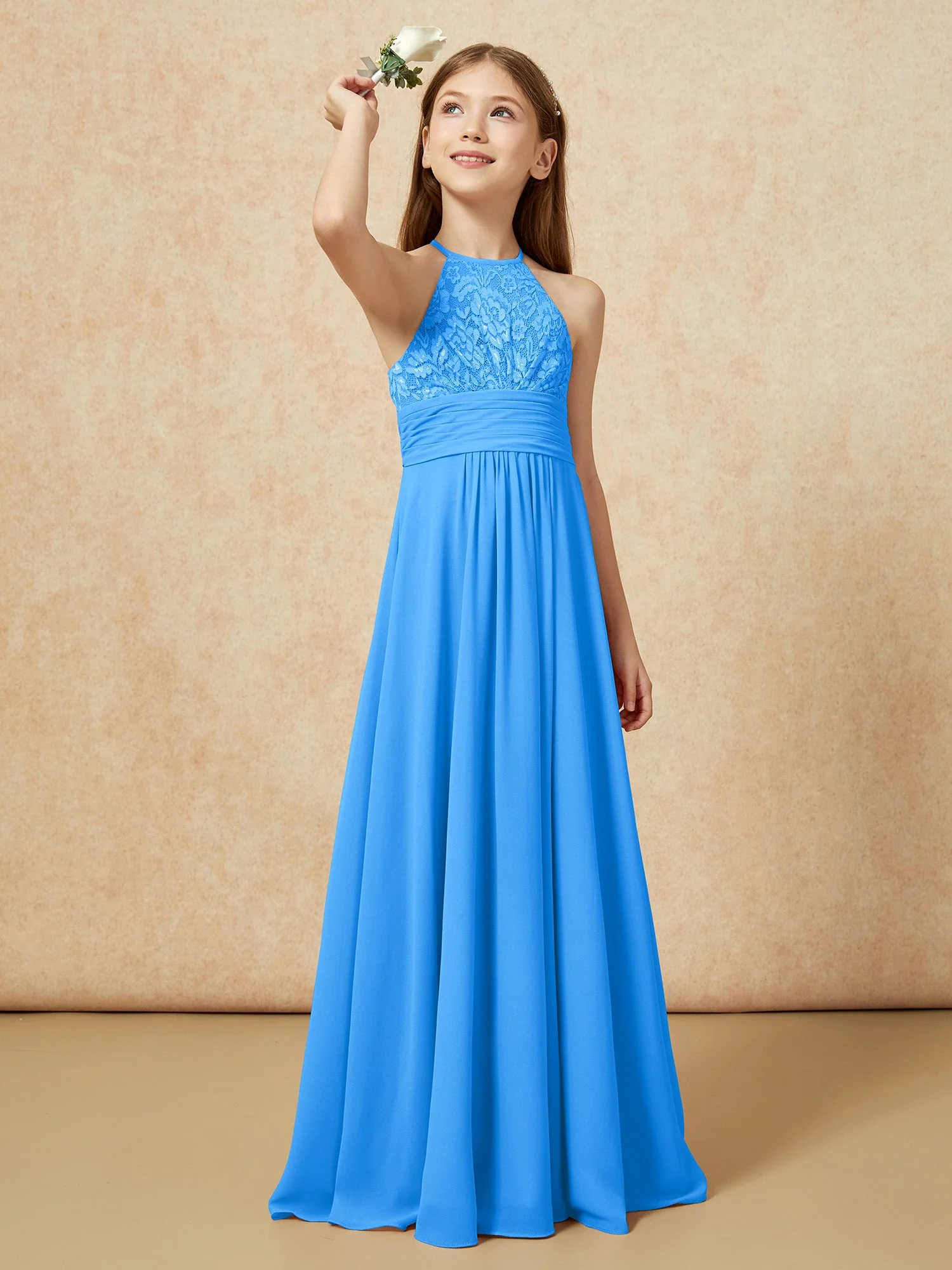Halshalter Spitzen Oberteil Chiffon Junge Brautjungfernkleider Meerblau