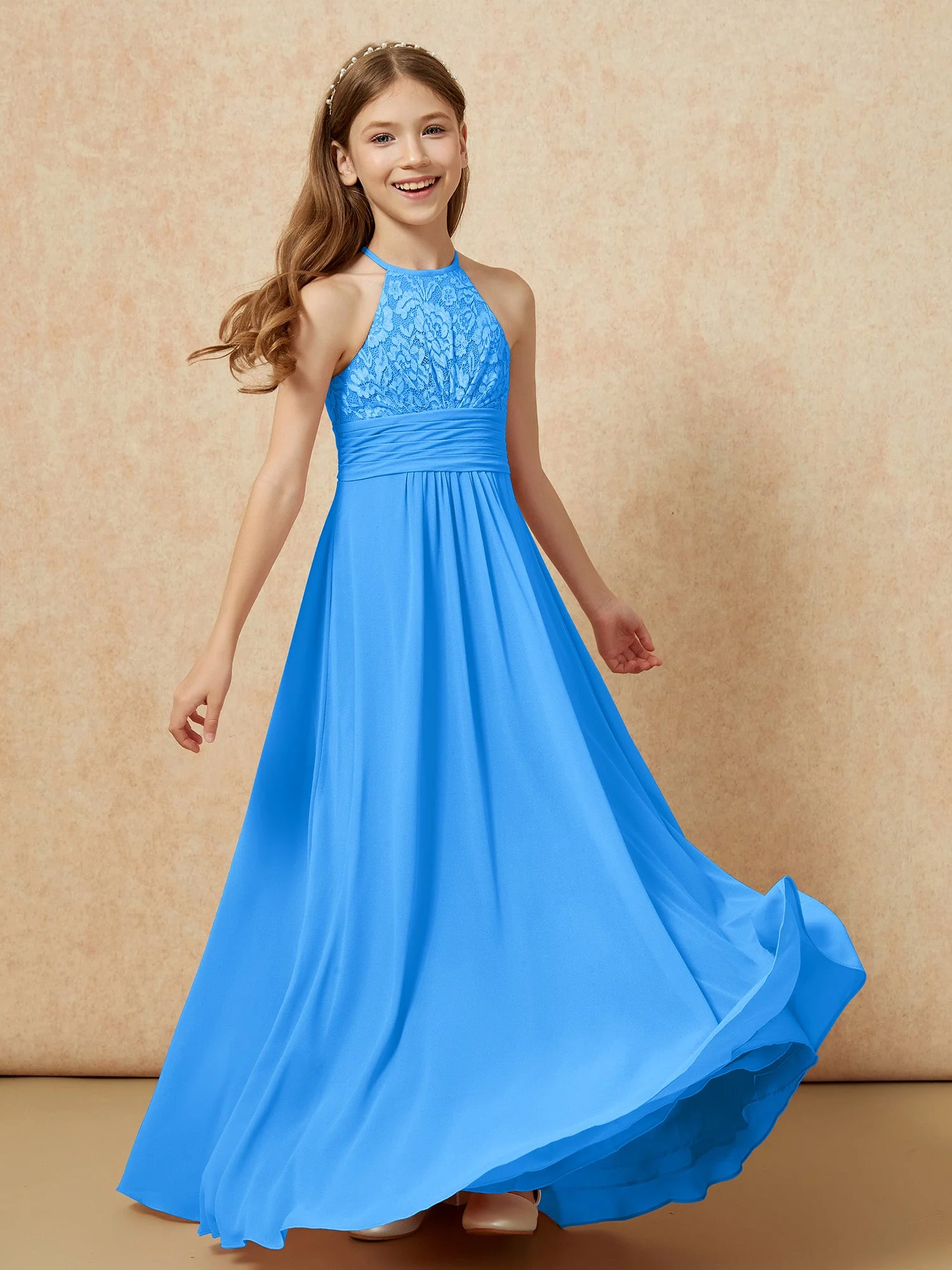 Halshalter Spitzen Oberteil Chiffon Junge Brautjungfernkleider Meerblau - Image 4