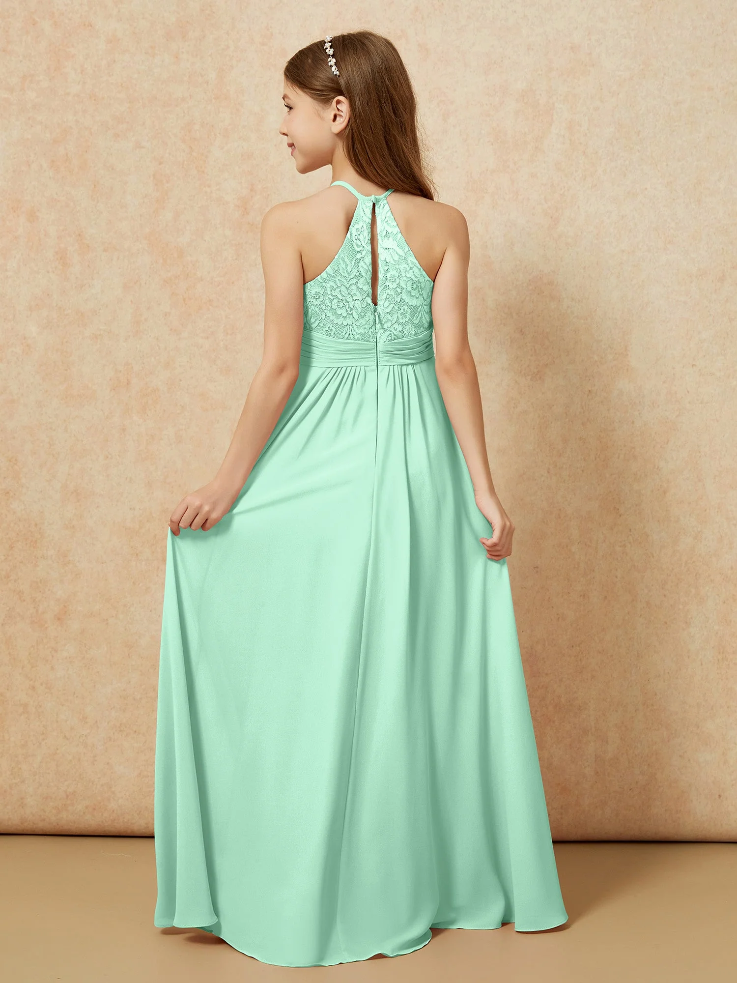 Halshalter Spitzen Oberteil Chiffon Junge Brautjungfernkleider Minzgrün - Image 2