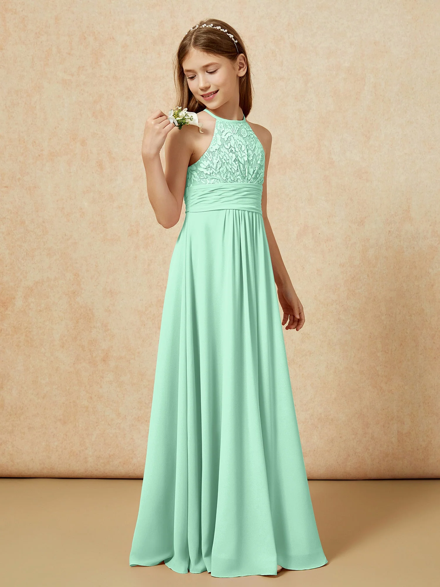 Halshalter Spitzen Oberteil Chiffon Junge Brautjungfernkleider Minzgrün - Image 3