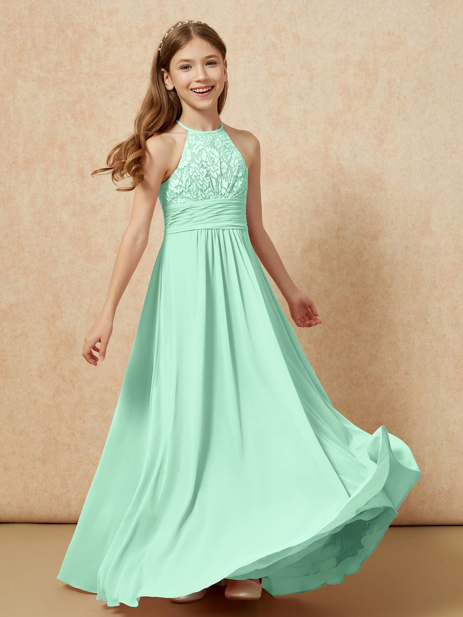 Halshalter Spitzen Oberteil Chiffon Junge Brautjungfernkleider Minzgrün - Image 4