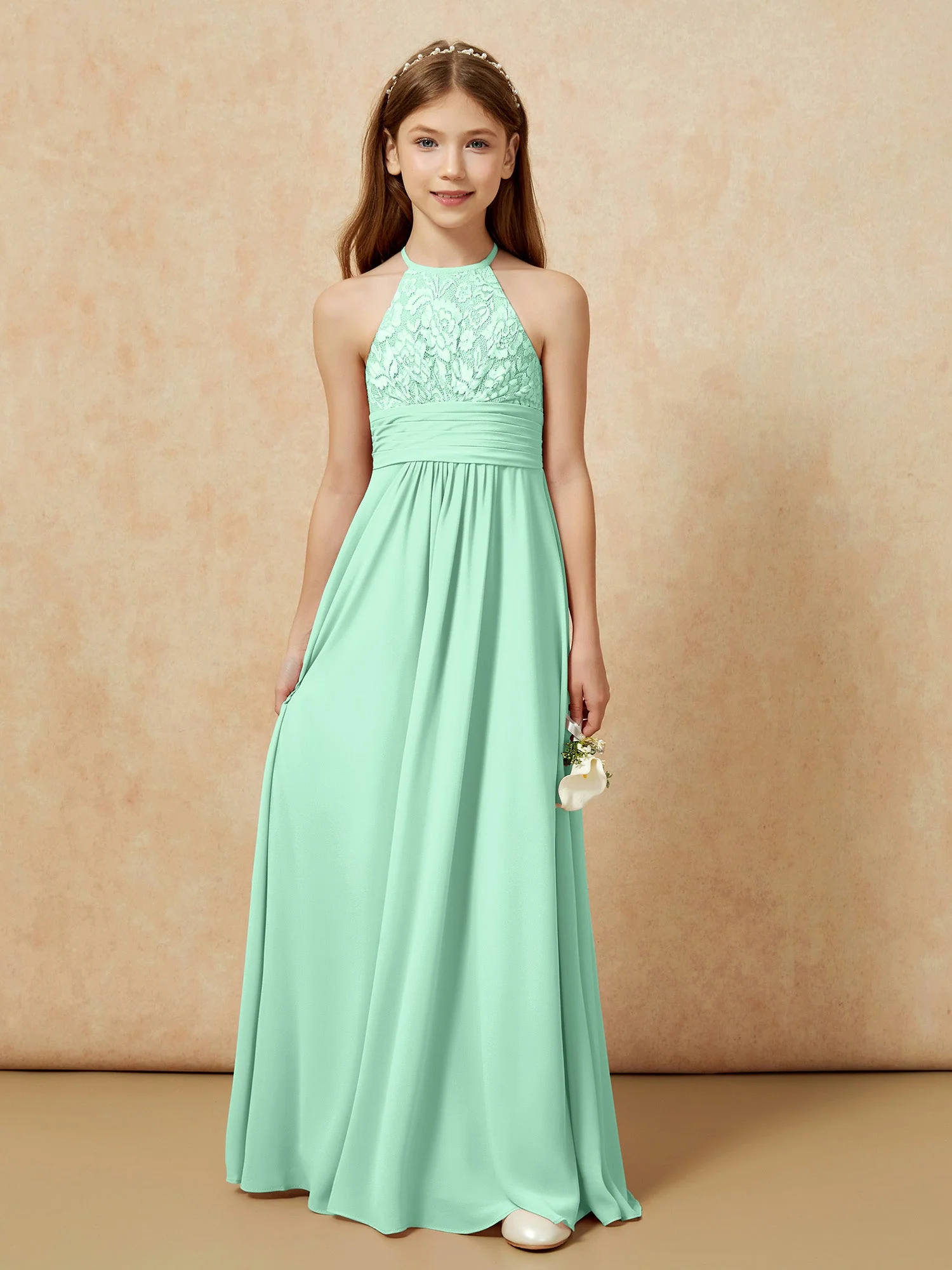 Halshalter Spitzen Oberteil Chiffon Junge Brautjungfernkleider Minzgrün - Image 7