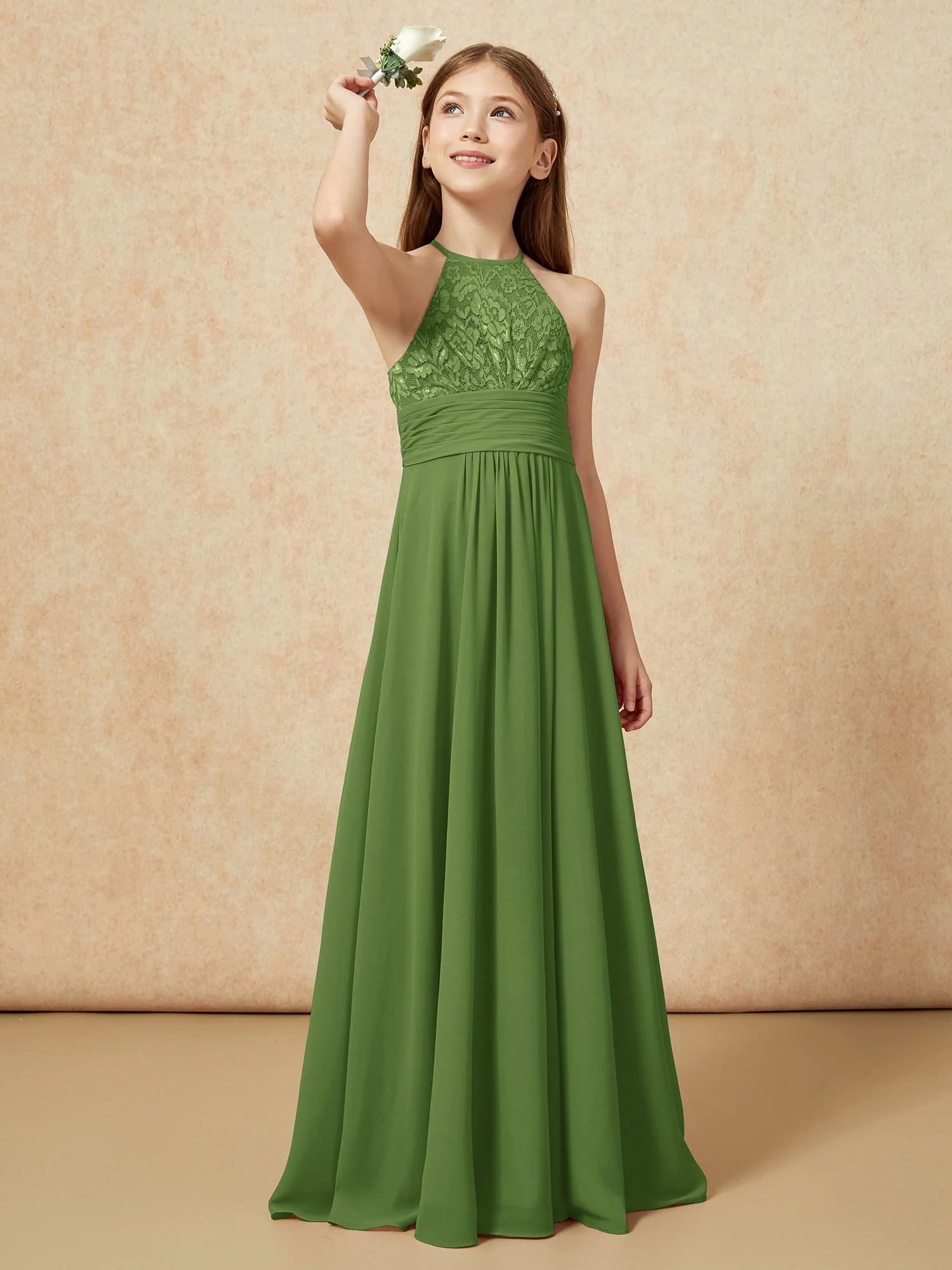 Halshalter Spitzen Oberteil Chiffon Junge Brautjungfernkleider Moos
