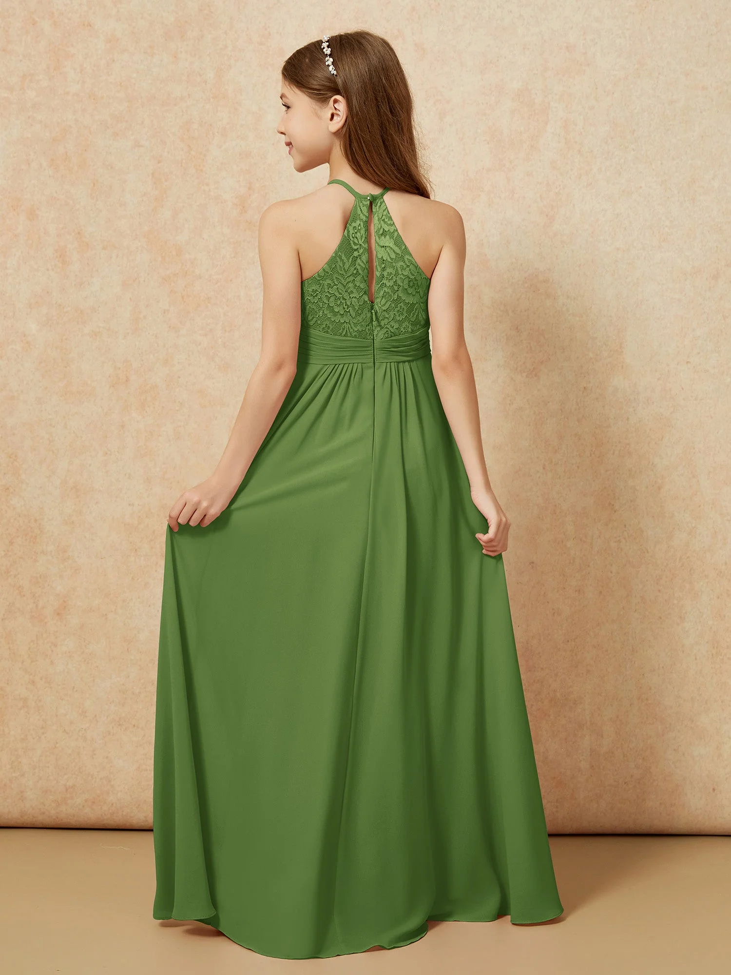 Halshalter Spitzen Oberteil Chiffon Junge Brautjungfernkleider Moos - Image 2