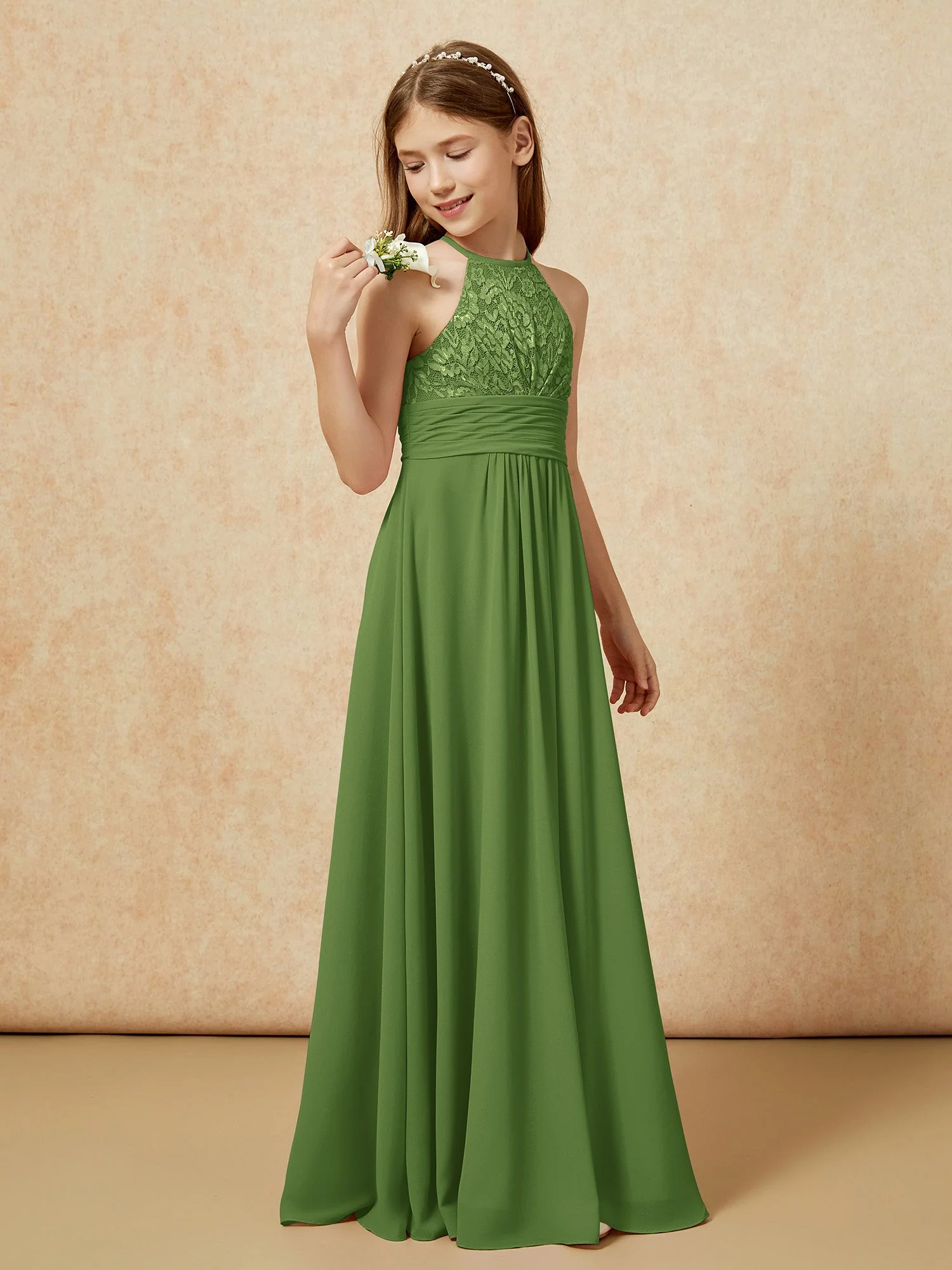 Halshalter Spitzen Oberteil Chiffon Junge Brautjungfernkleider Moos - Image 3