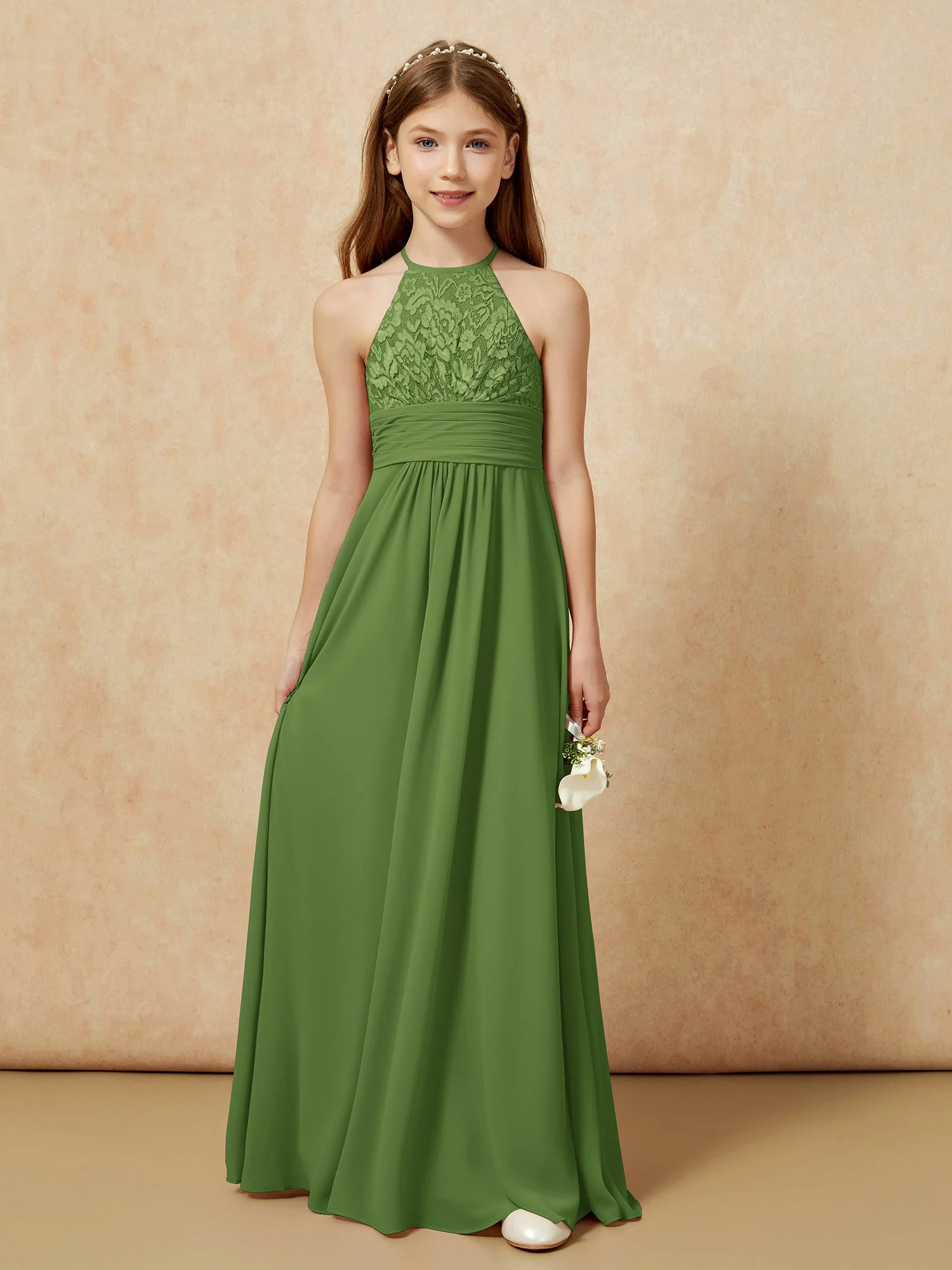 Halshalter Spitzen Oberteil Chiffon Junge Brautjungfernkleider Moos - Image 7