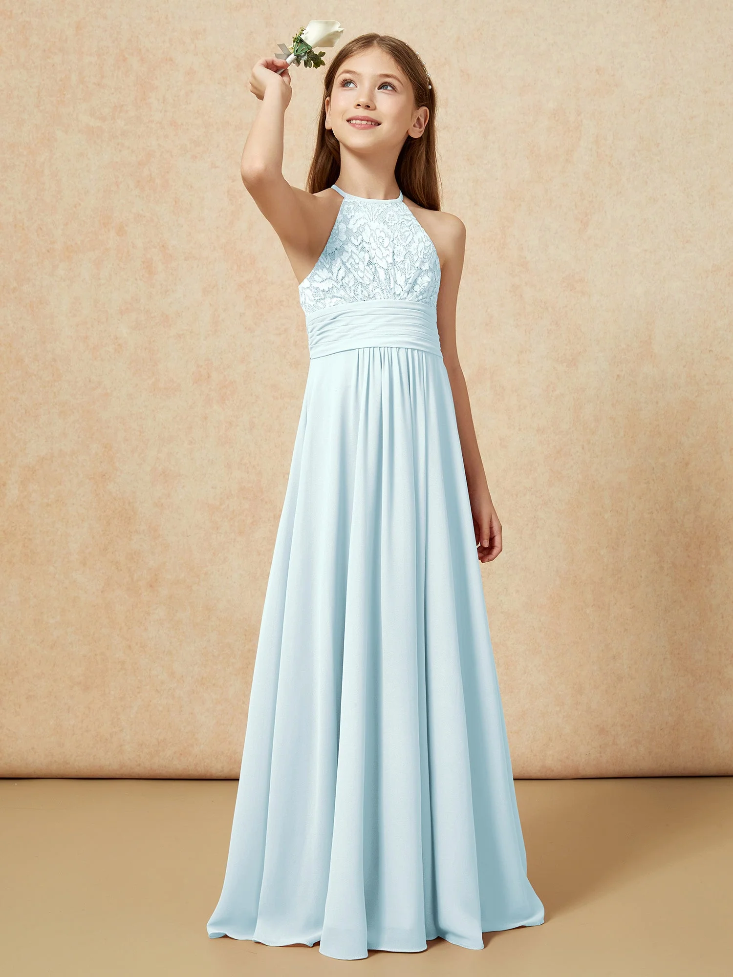 Halshalter Spitzen Oberteil Chiffon Junge Brautjungfernkleider Nebel