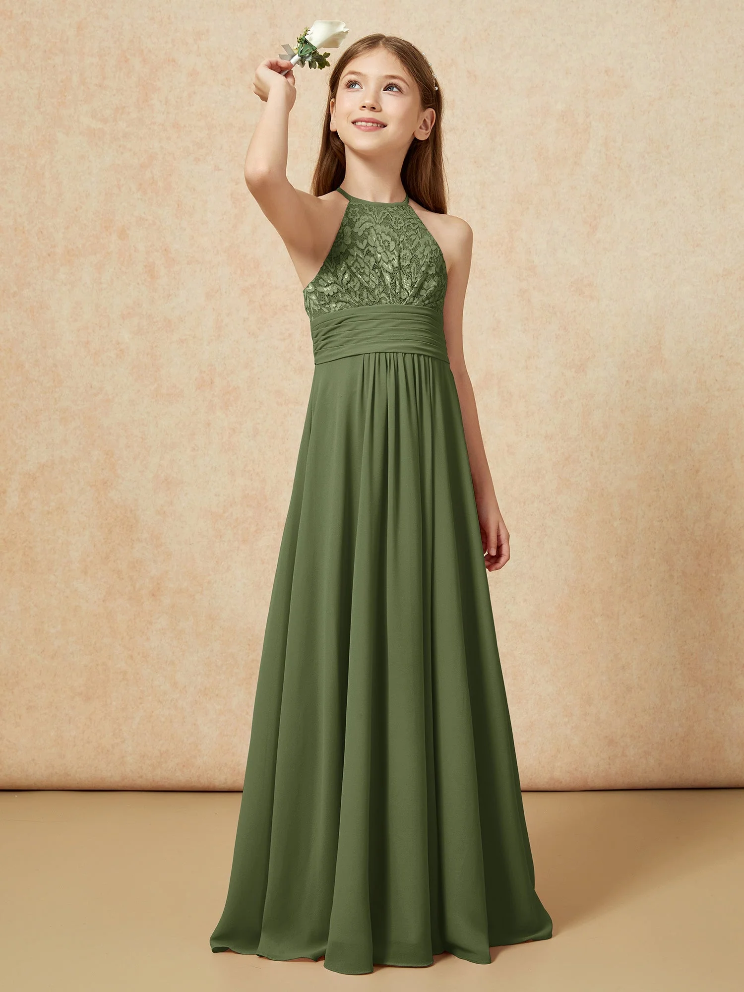 Halshalter Spitzen Oberteil Chiffon Junge Brautjungfernkleider Olivgrün