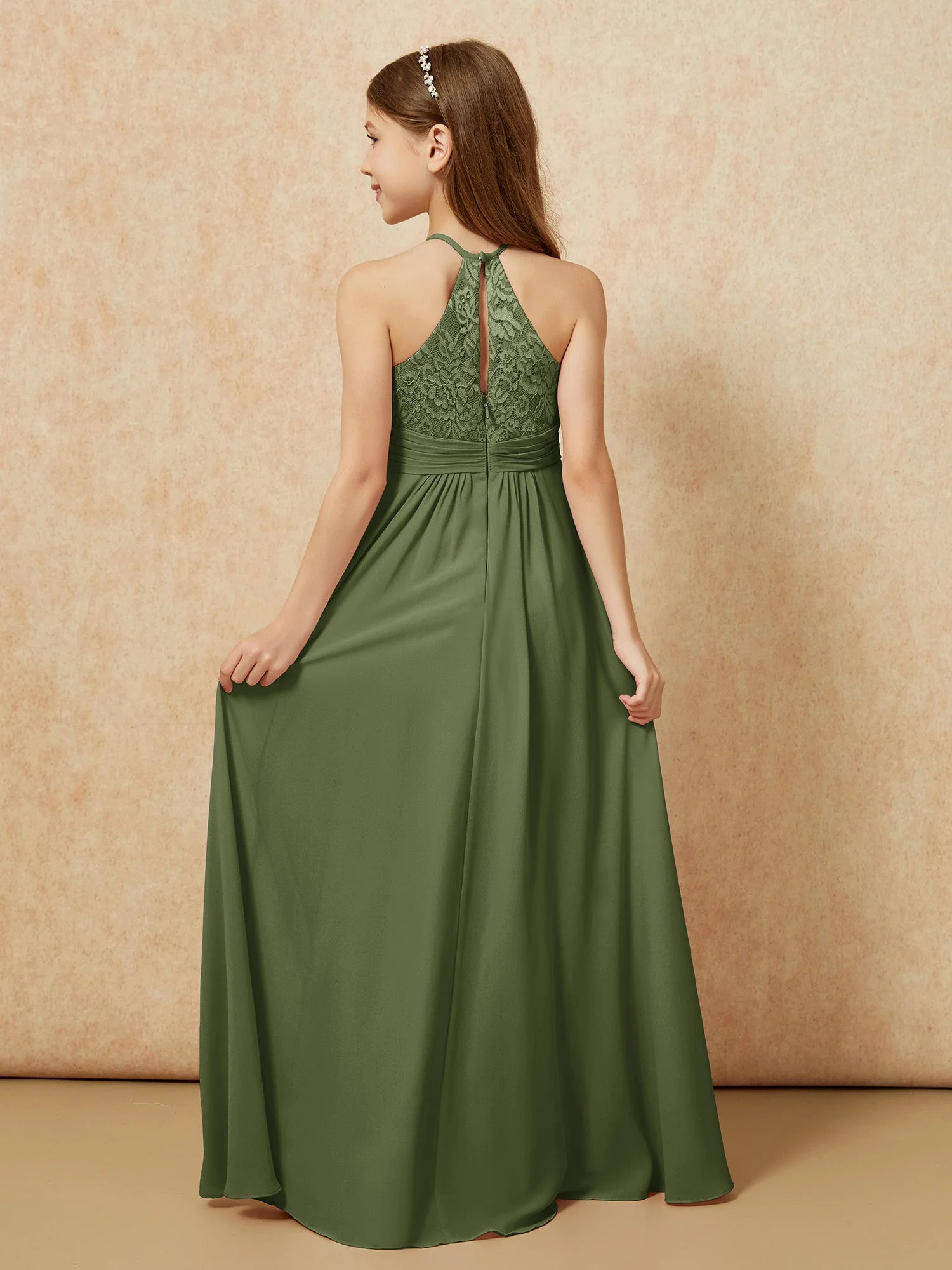 Halshalter Spitzen Oberteil Chiffon Junge Brautjungfernkleider Olivgrün - Image 2