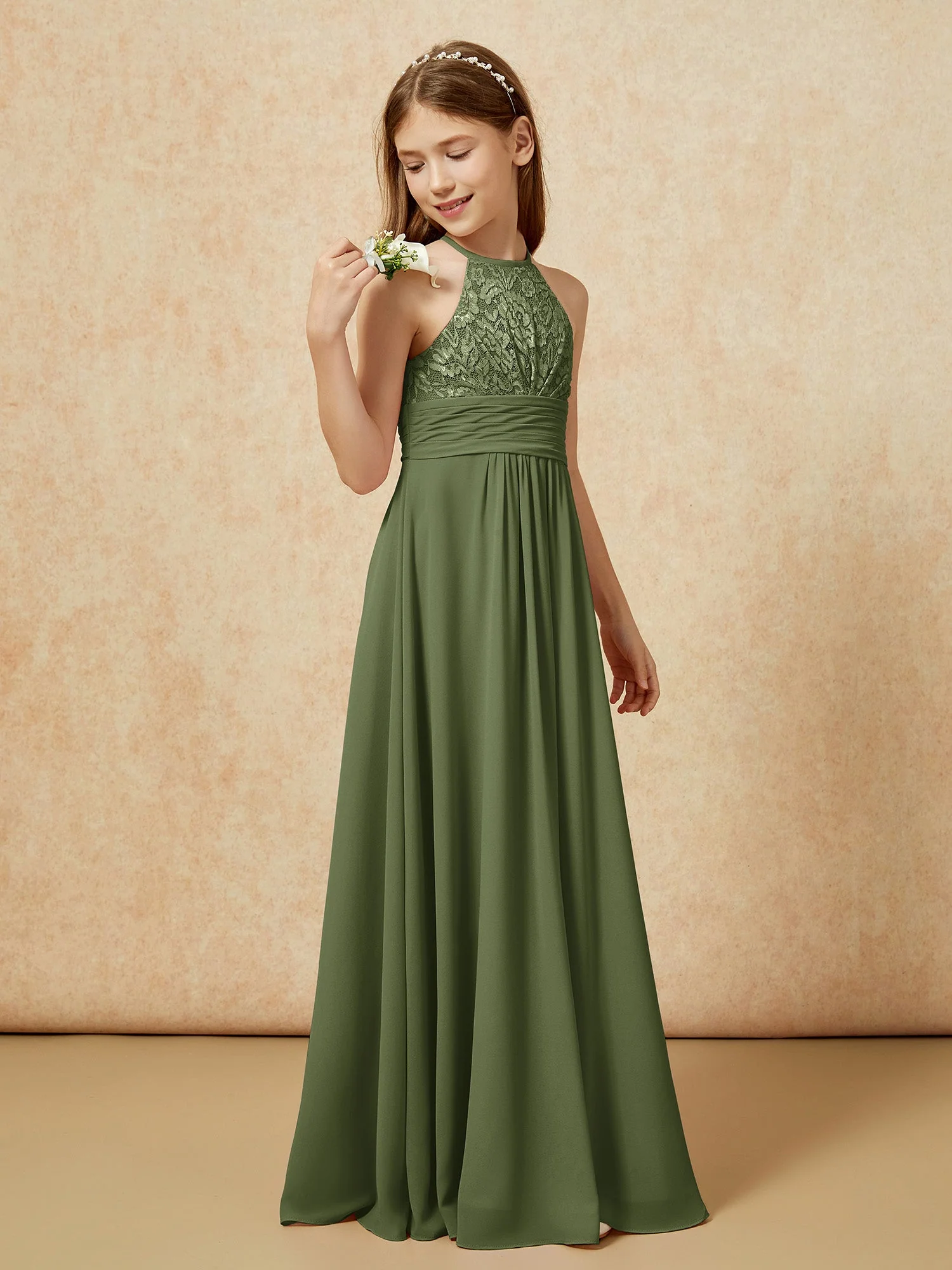 Halshalter Spitzen Oberteil Chiffon Junge Brautjungfernkleider Olivgrün - Image 3